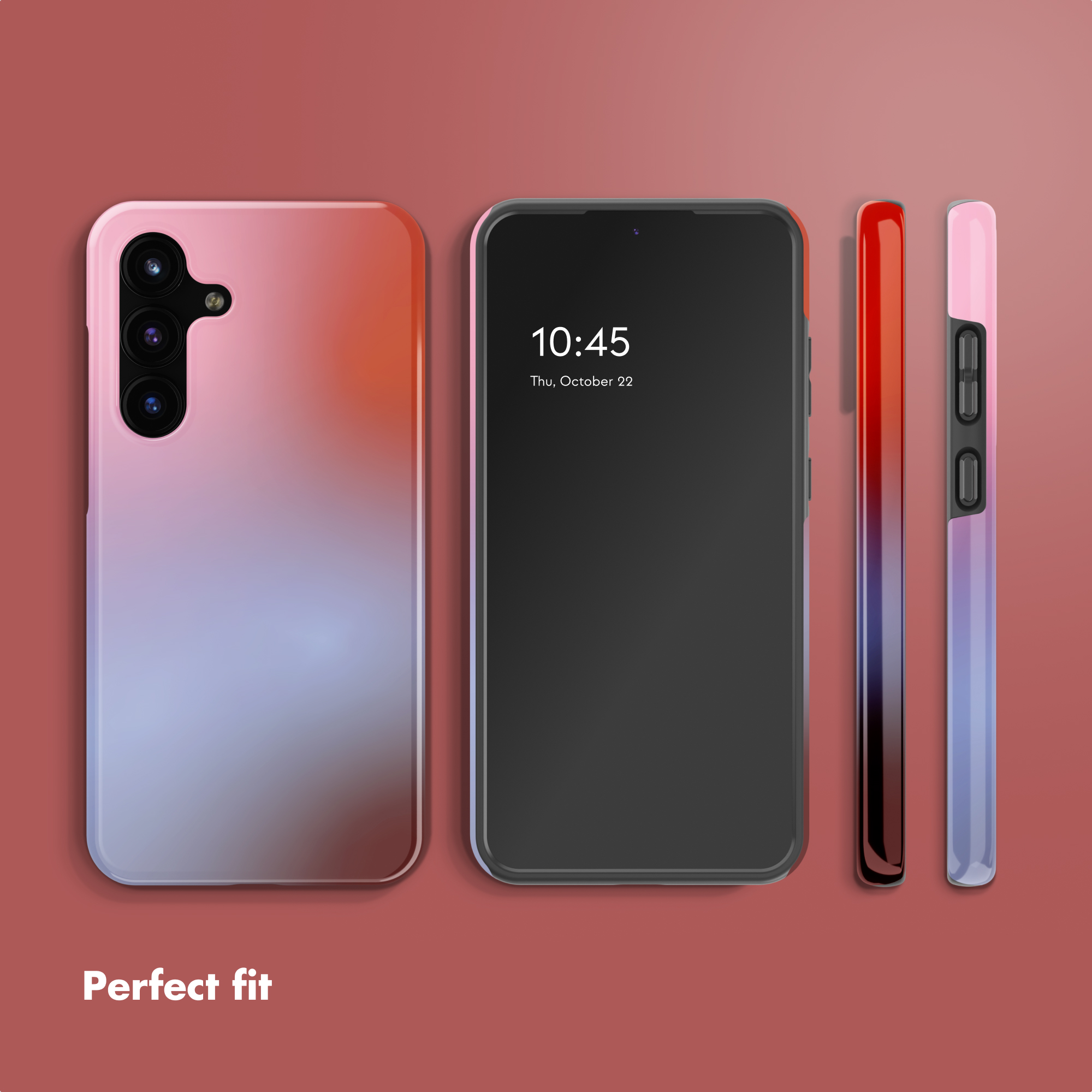Quattro viste di uno smartphone con cover sfumata rosa, rossa e blu su sfondo rosso.