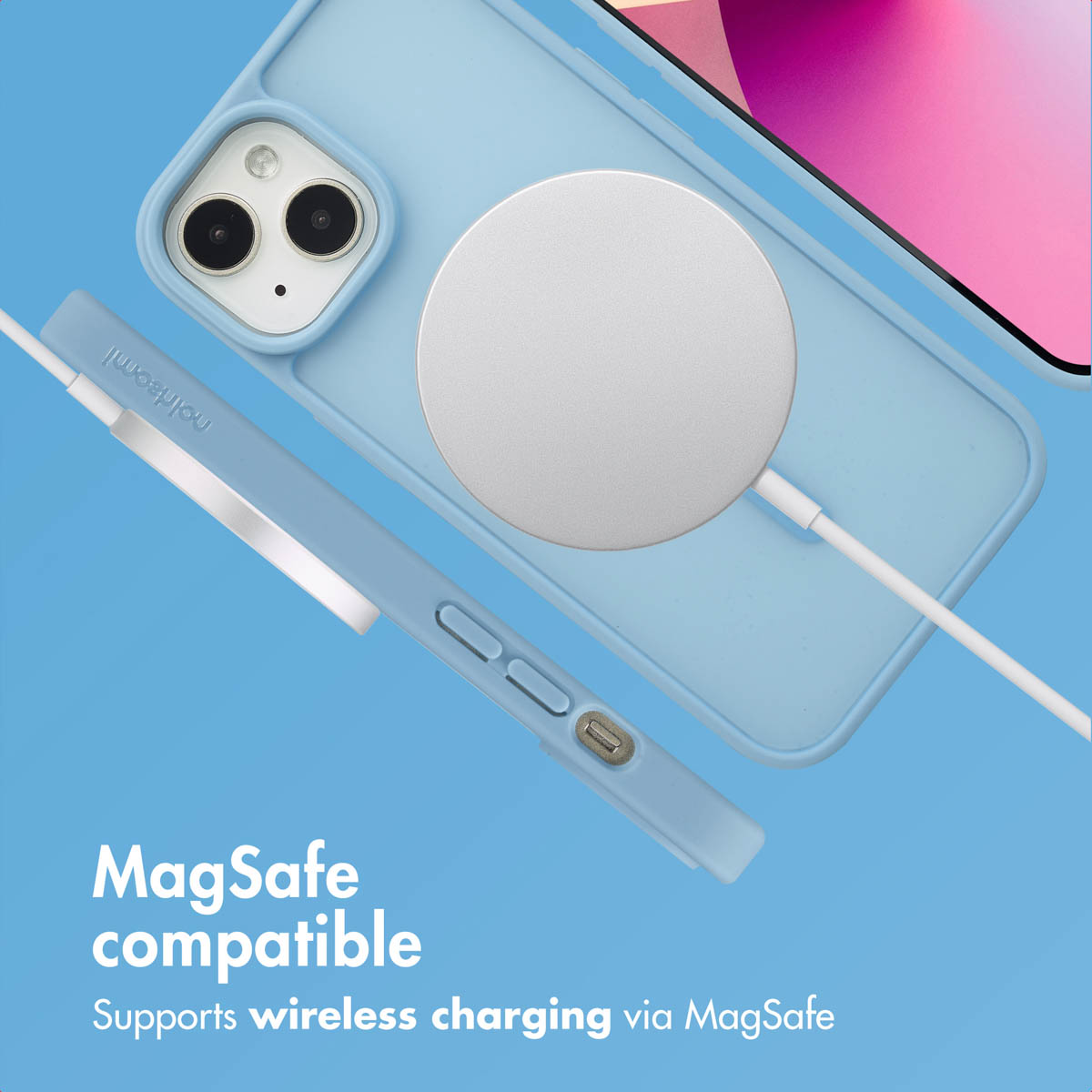 Custodia per telefono blu con caricabatterie MagSafe su sfondo blu e testo bianco.