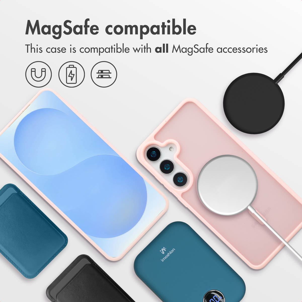 Custodia per telefono compatibile MagSafe con caricatore wireless e accessori.
