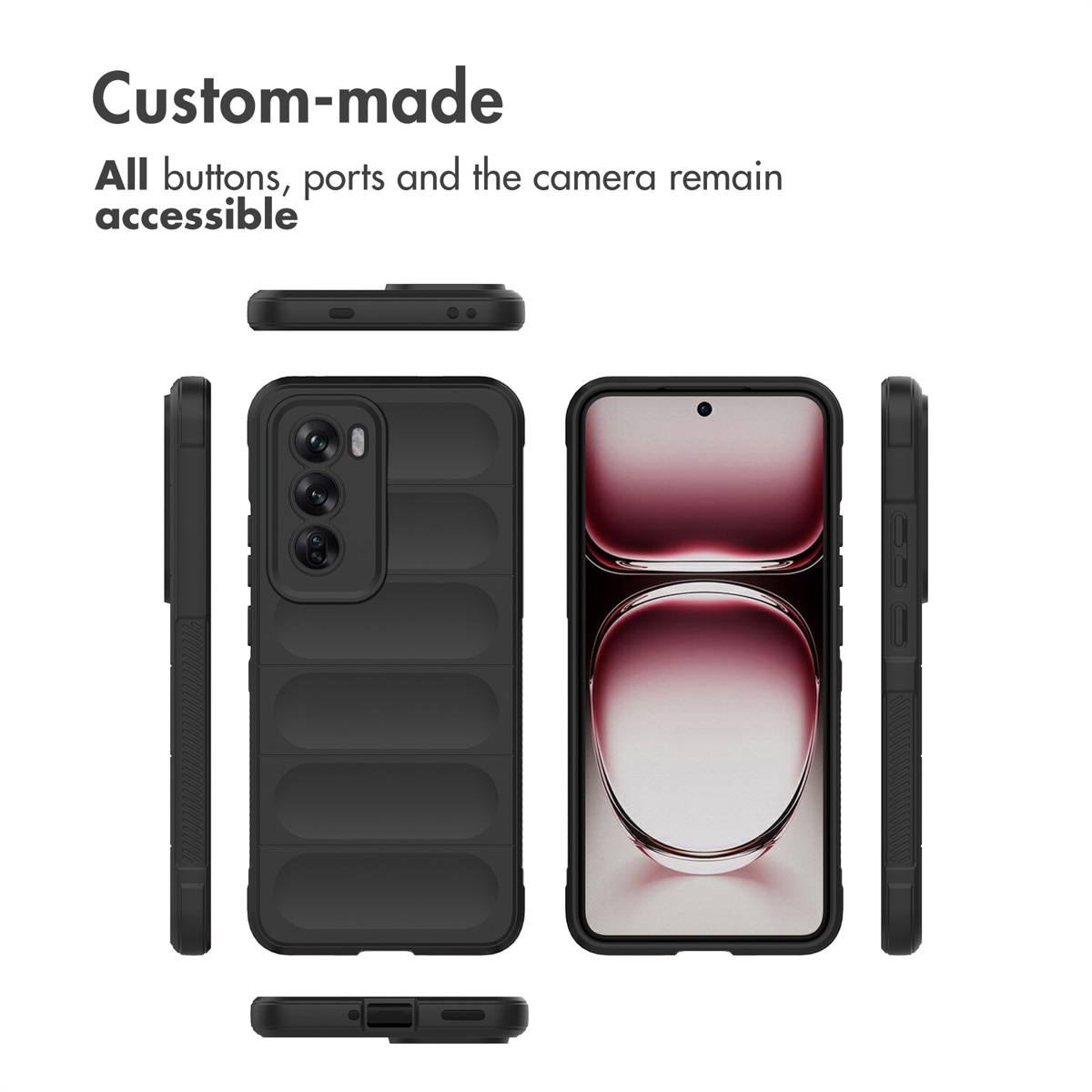 Verschiedene Ansichten einer schwarzen Schutzhülle für ein Smartphone mit Aussparungen für Tasten und Kamera.