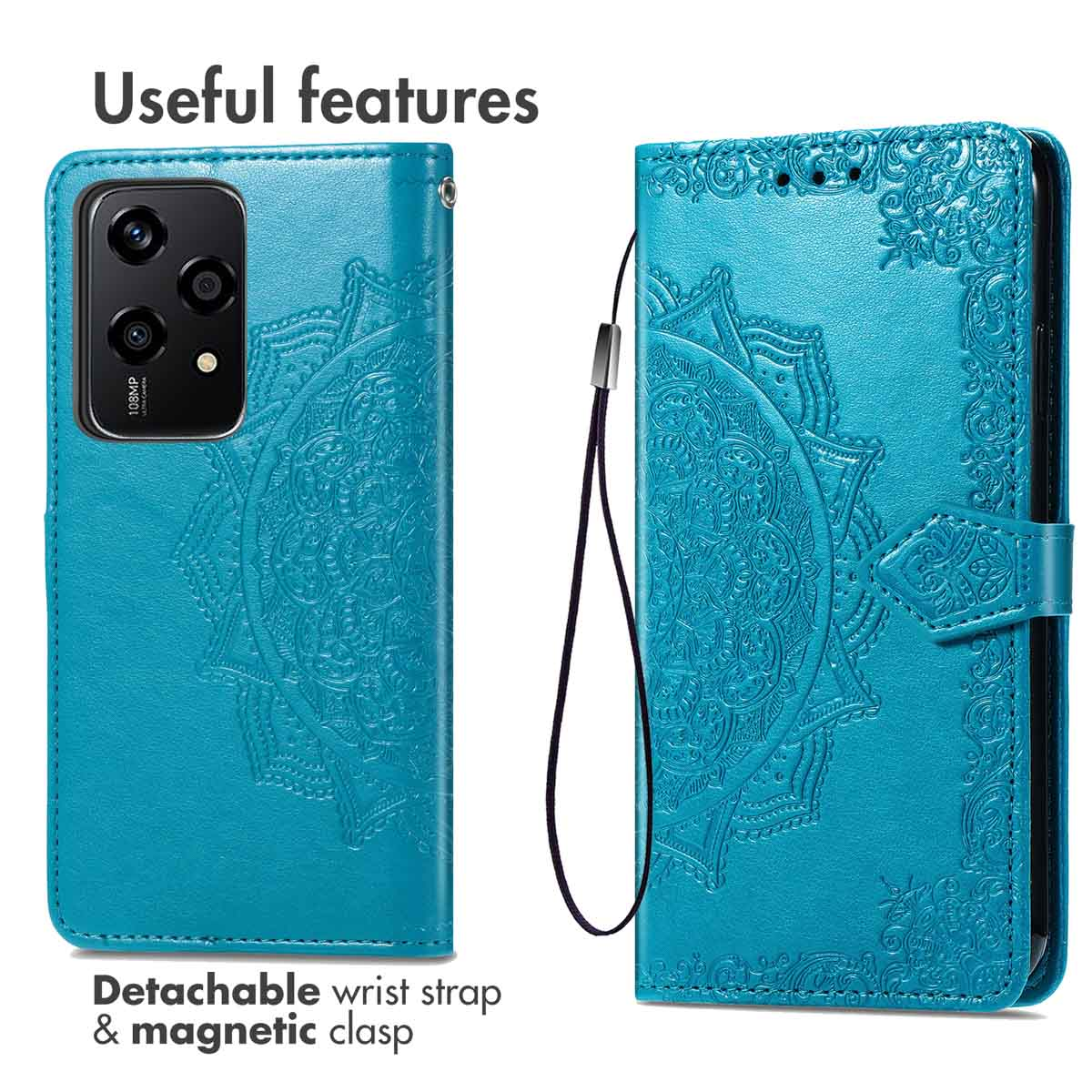 Funda de cuero azul para teléfono con grabado de mandala, correa y cierre magnético.