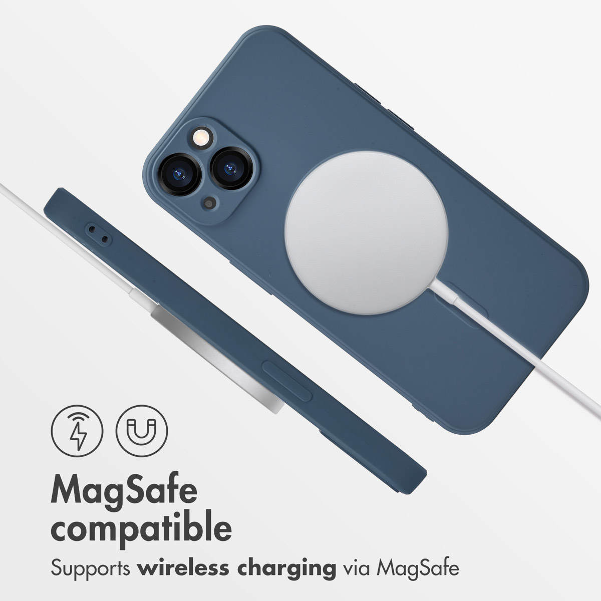 Coque de téléphone bleue compatible MagSafe avec chargeur sans fil.