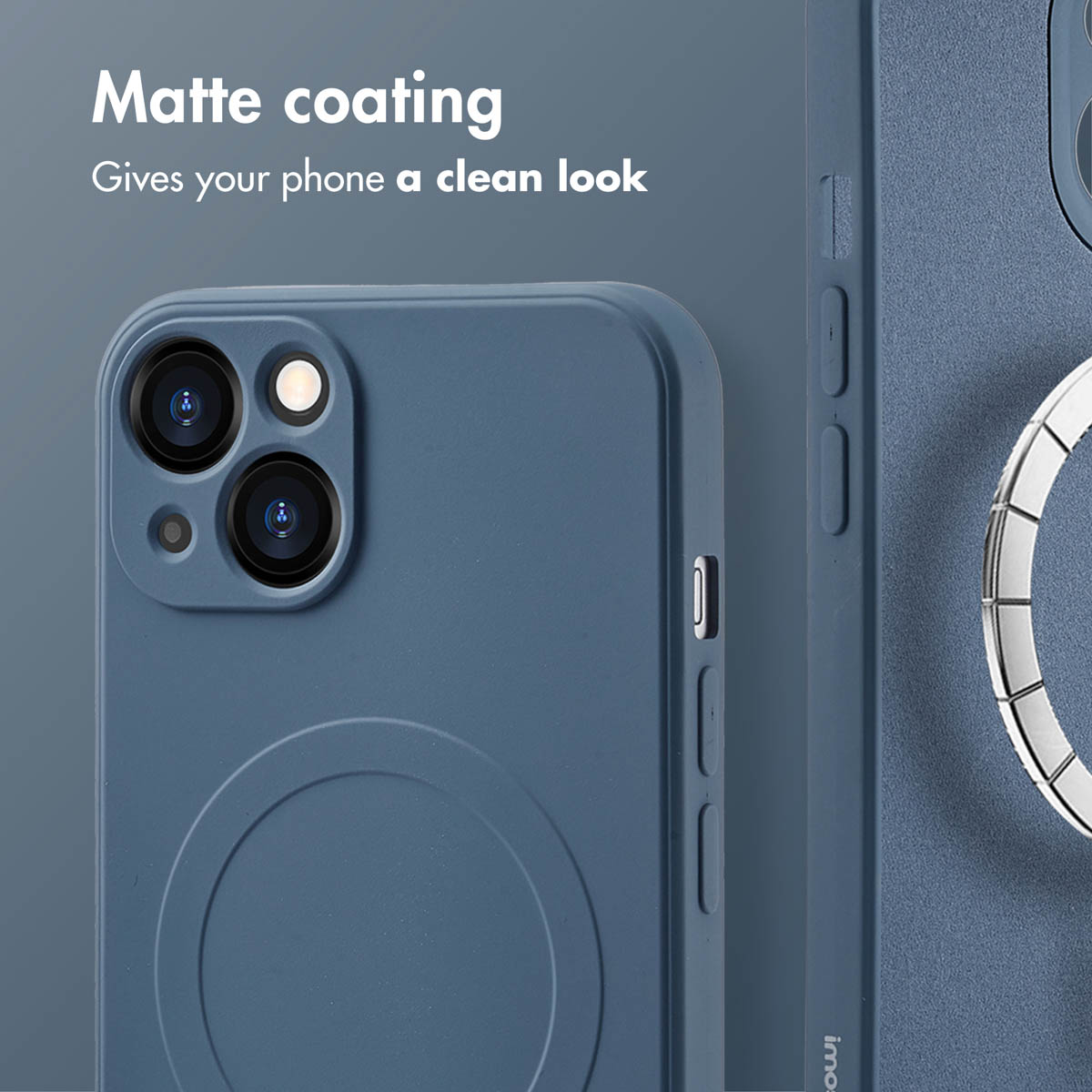 Coque de smartphone bleue avec revêtement mat et un aimant circulaire.