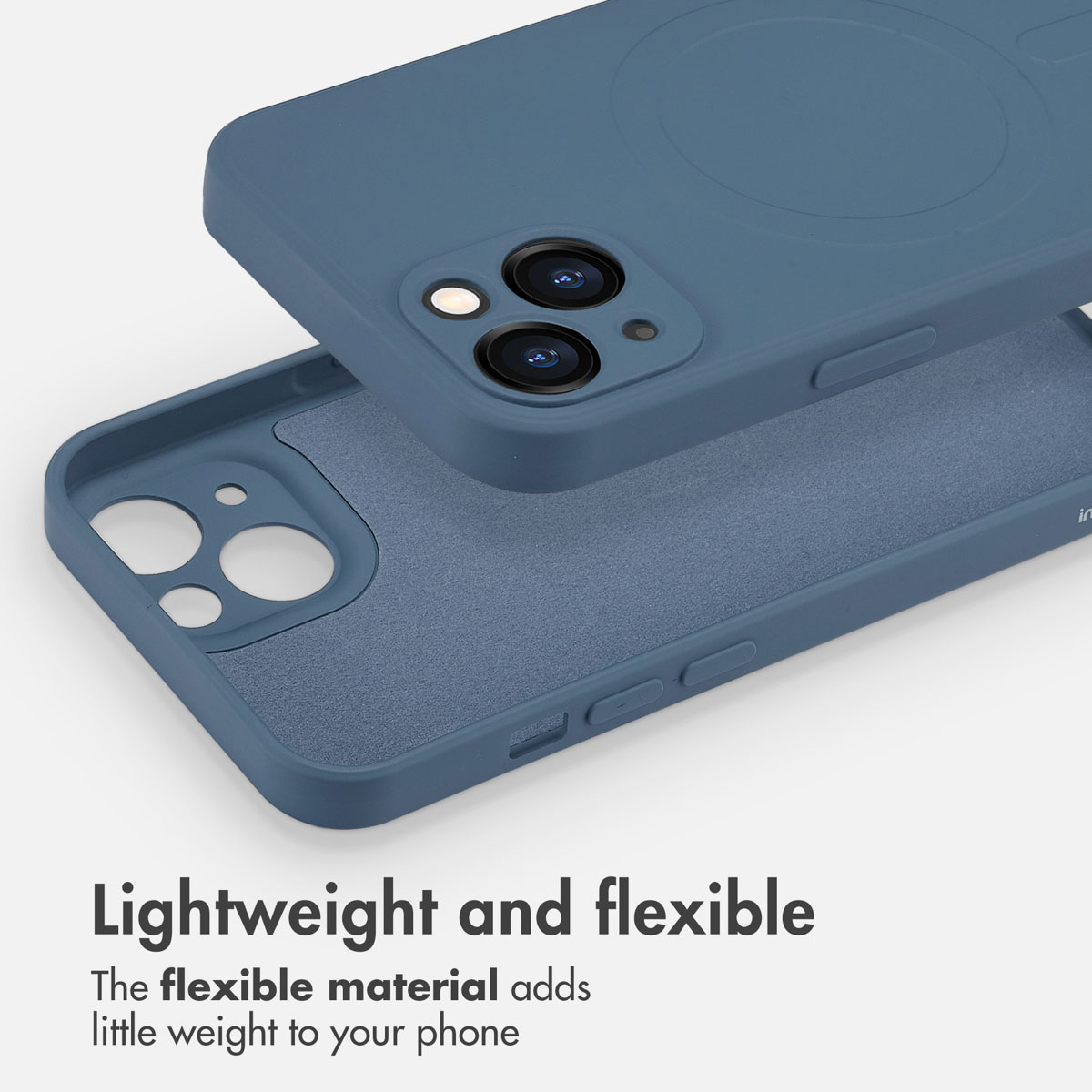 Coque de téléphone en silicone bleu sur fond clair avec texte.