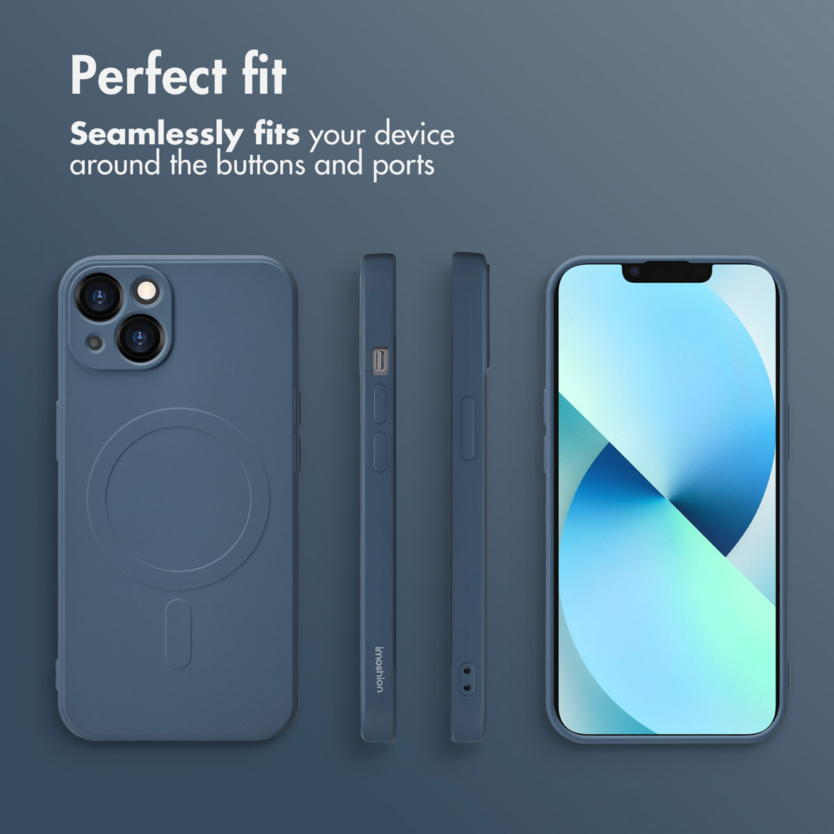 Une coque de smartphone bleue sous plusieurs angles sur fond bleu, mettant en valeur ses découpes précises pour boutons et ports.