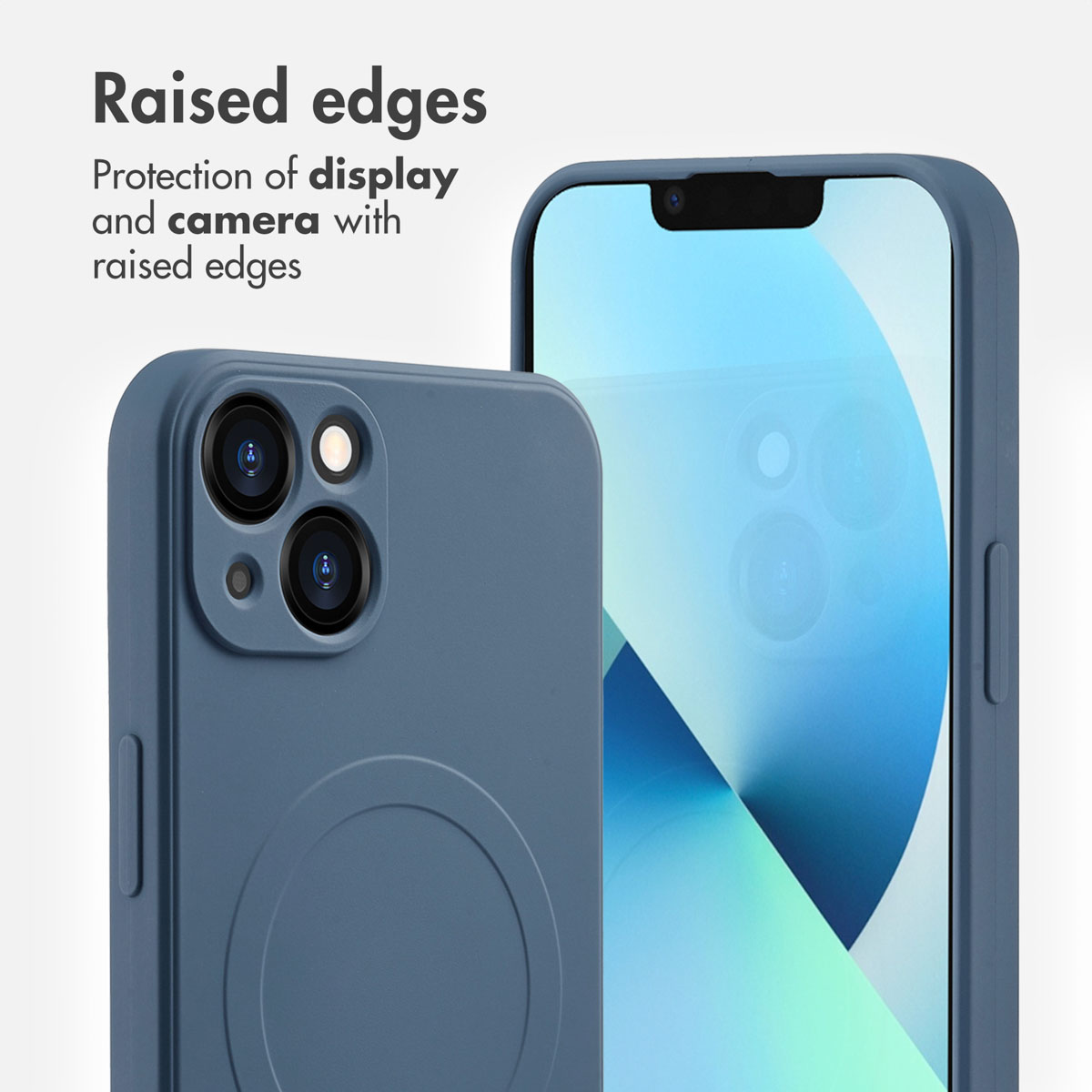 Coque de smartphone bleue avec bords surélevés pour protéger l'écran et l'appareil photo.