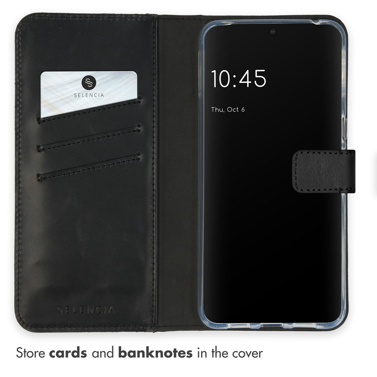 Custodia a portafoglio in pelle nera per smartphone.
