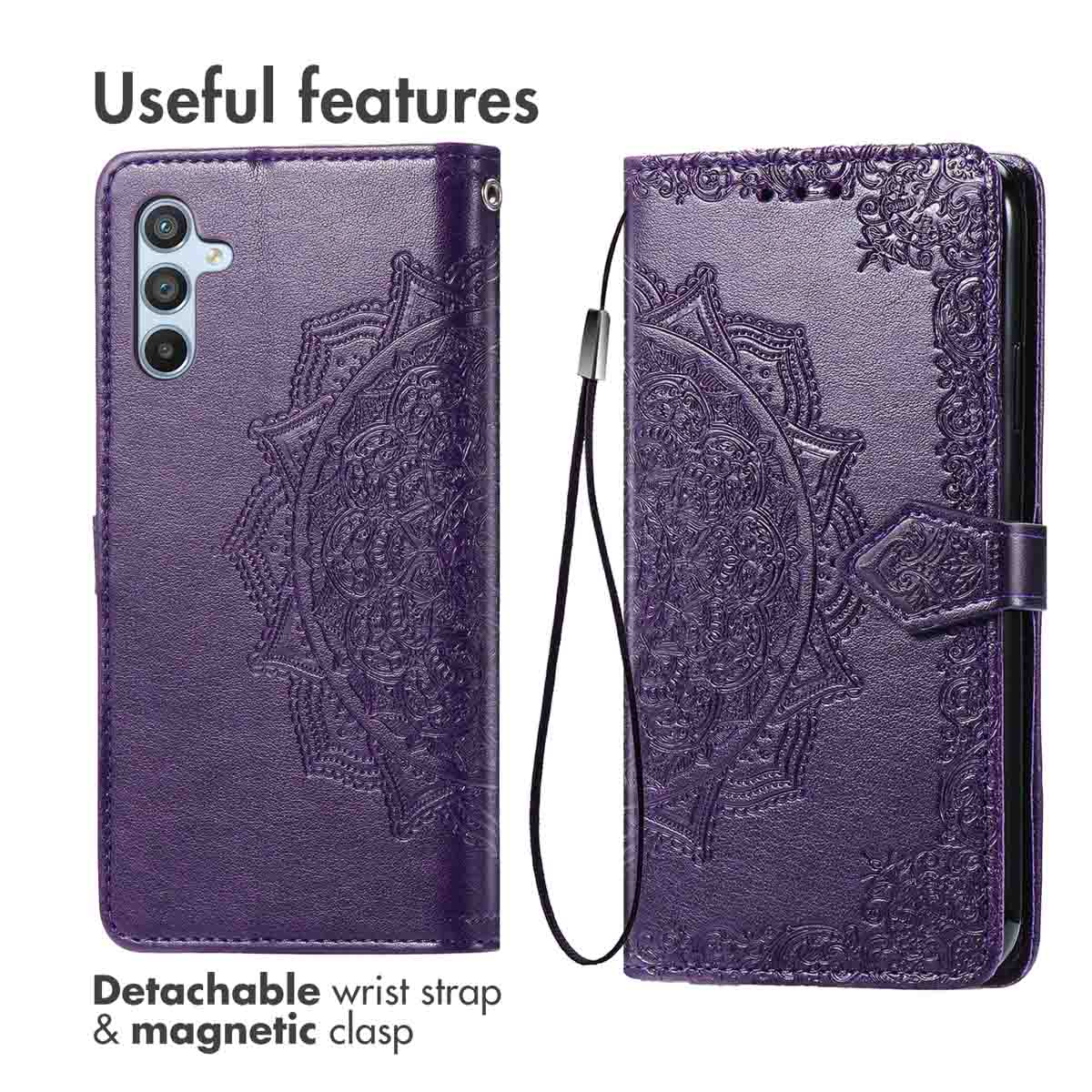Étui violet avec motif mandala, dragonne et fermeture magnétique.