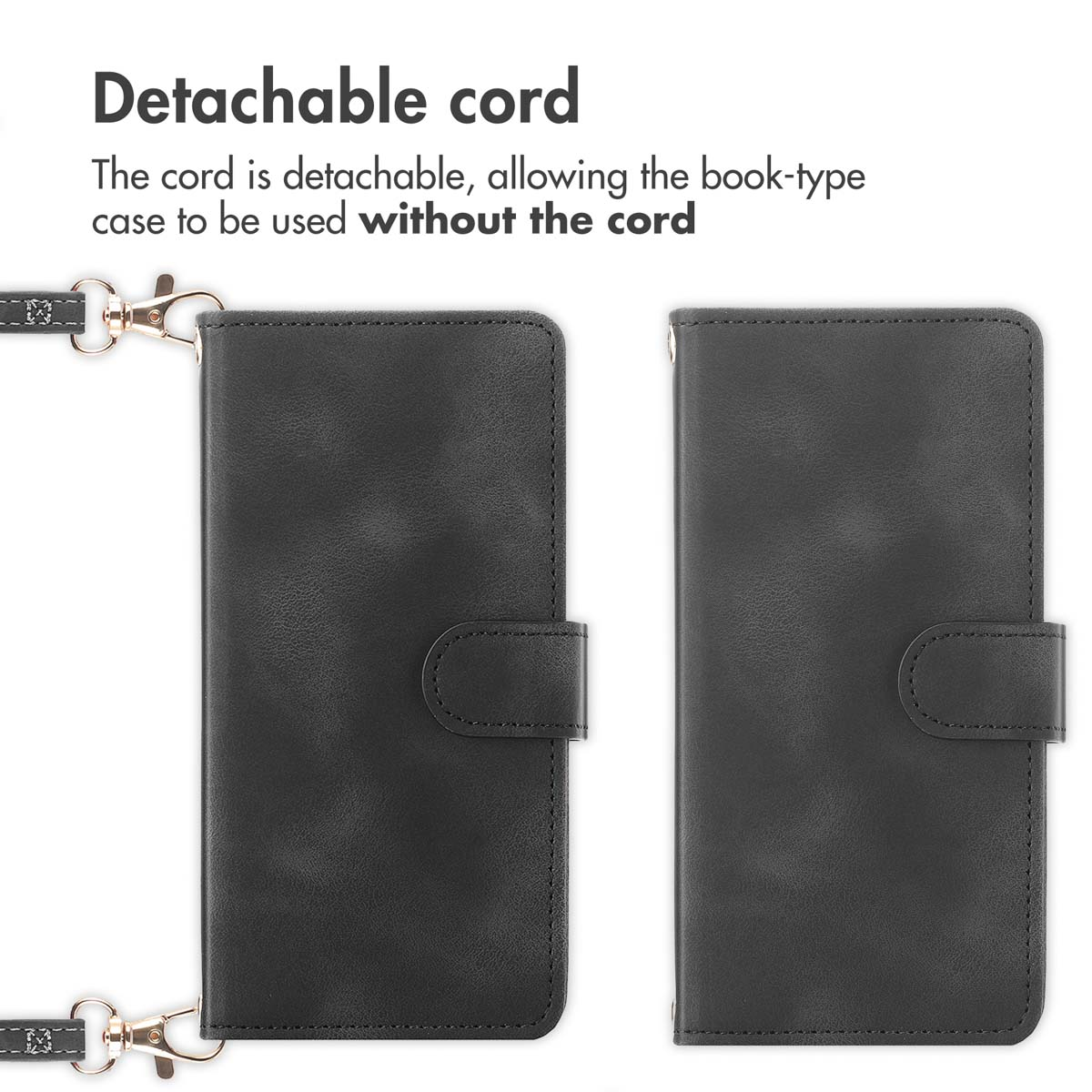 Black book-style phone case featuring a detachable strap and a magnetic closure.