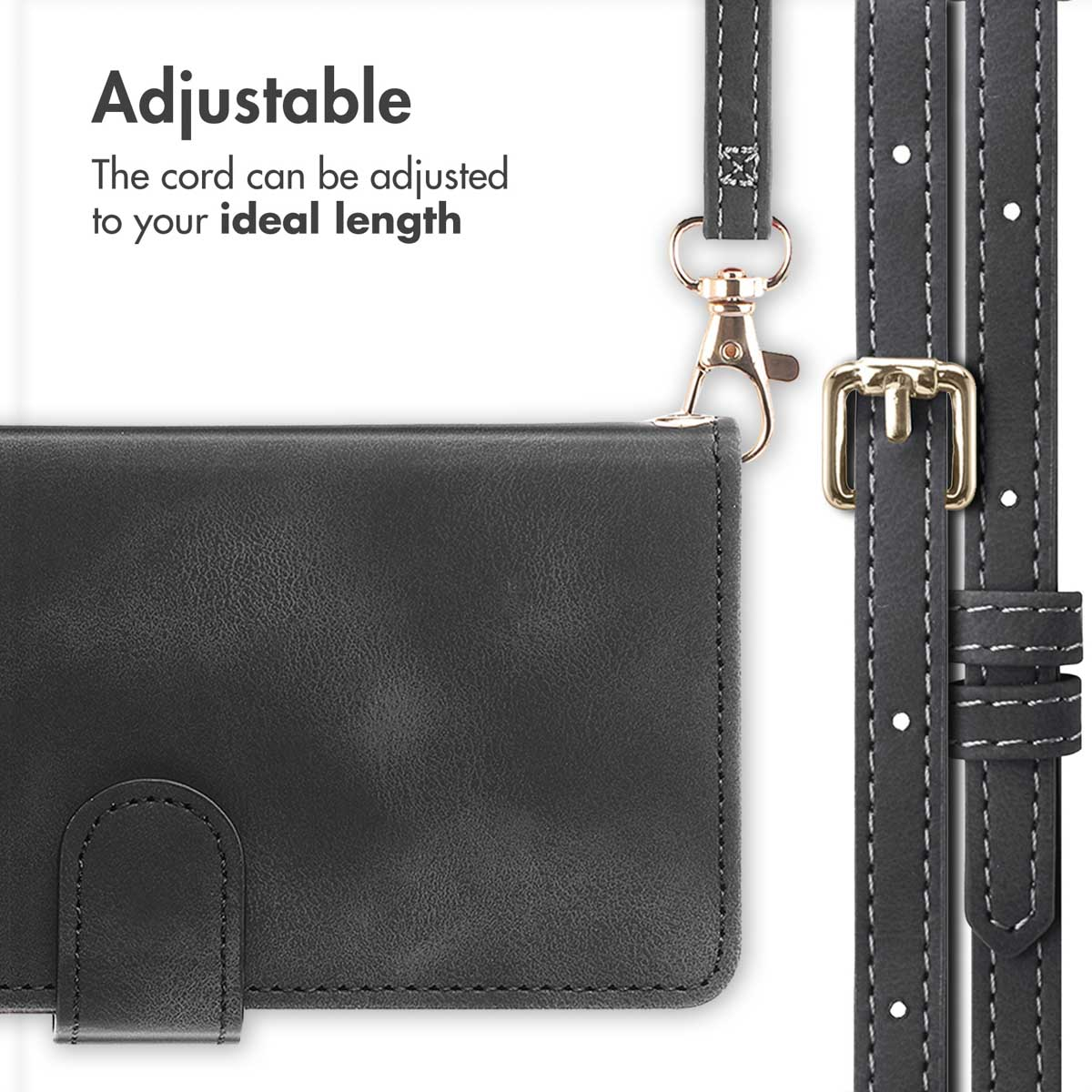 A black leather phone wallet with an adjustable strap, gold clasp, and text highlighting its adjustable length.