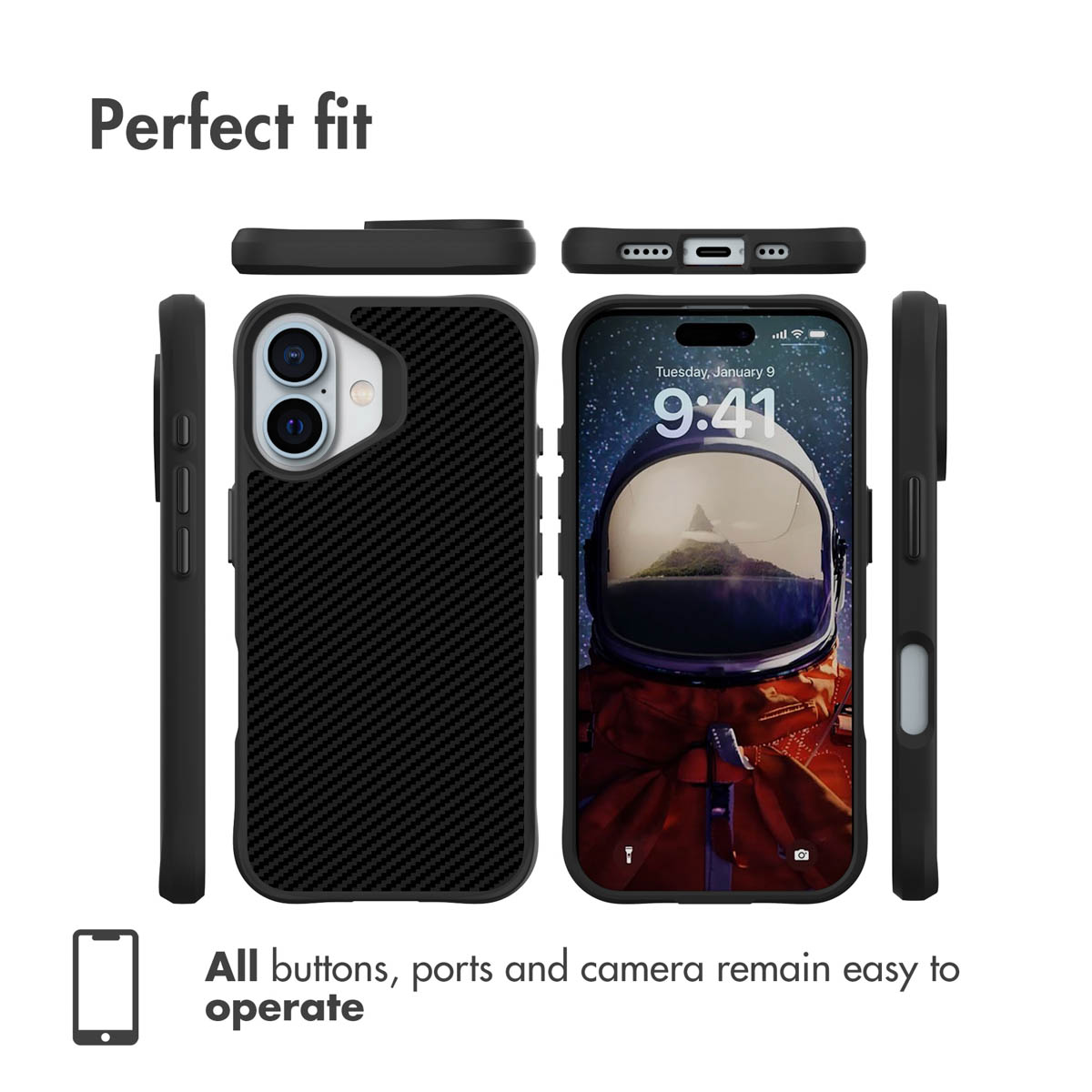Vues multiples d'une coque de protection pour smartphone en carbone noir, montrant les boutons et ports.