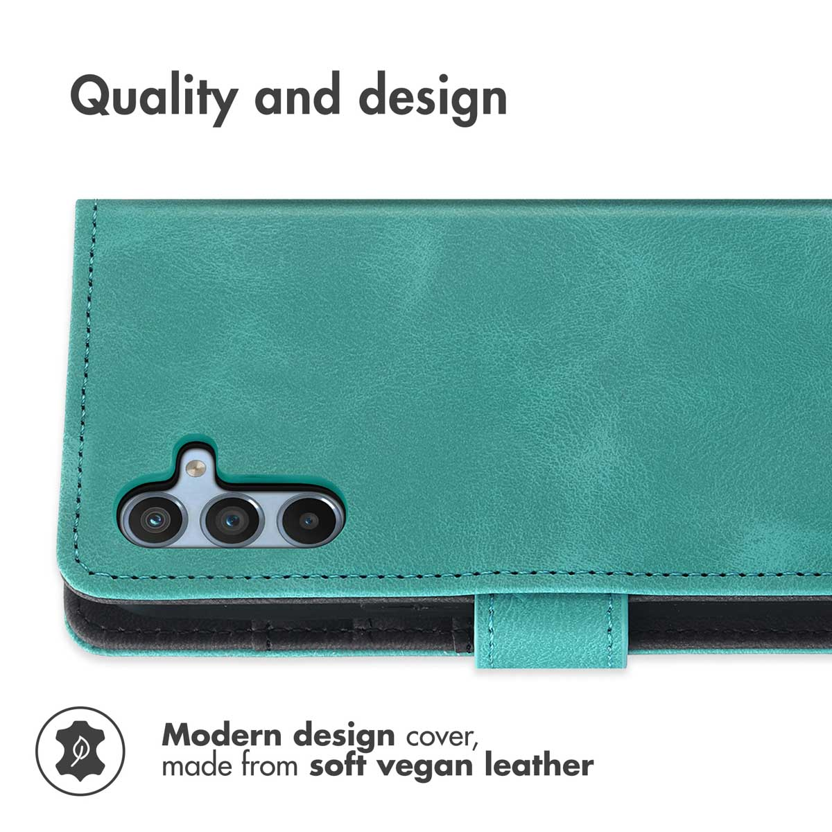 Türkisfarbene vegane Lederhandyhülle mit Kameraausschnitt und Text für Qualität und Design.