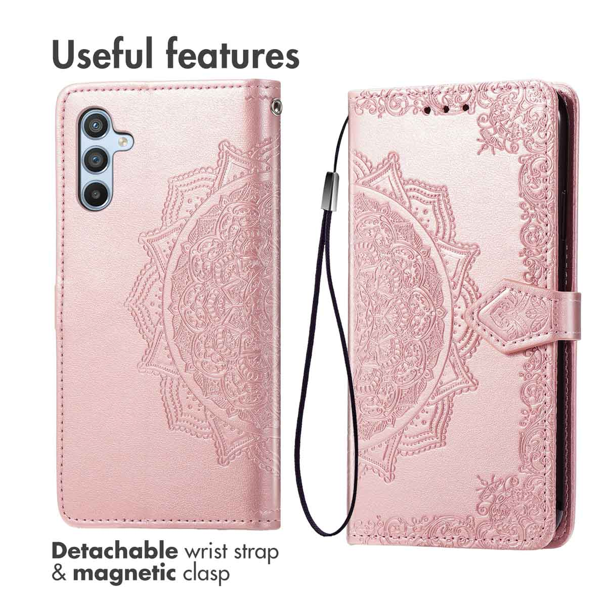 Étui de téléphone rose avec motif mandala, lanière et fermoir magnétique.