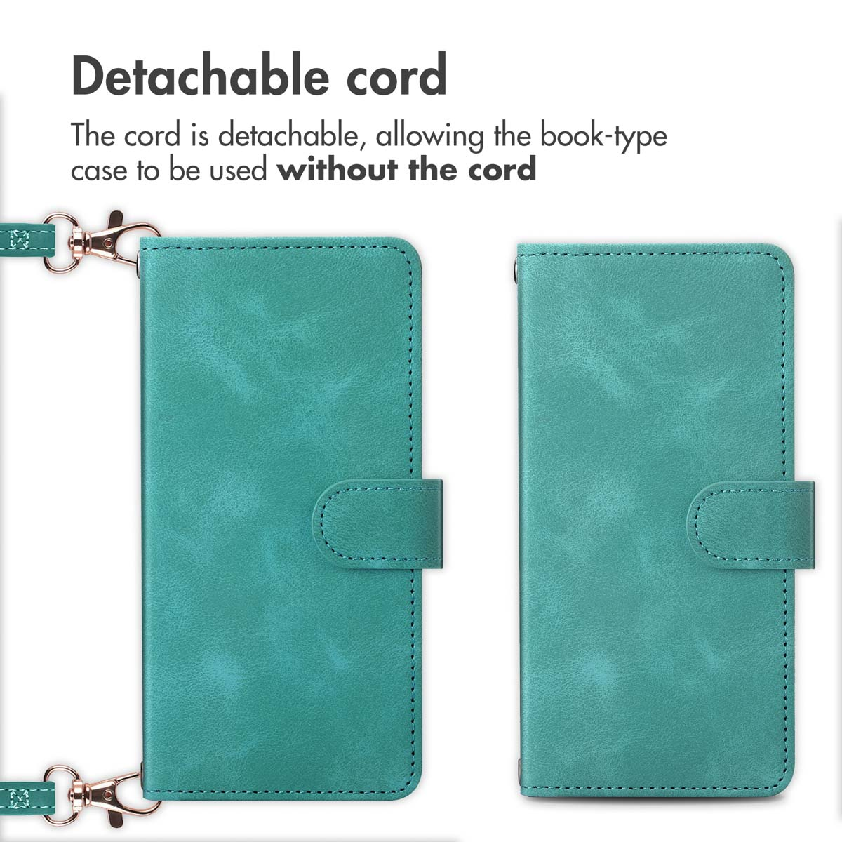 Custodia per telefono color verde acqua con cordino staccabile.