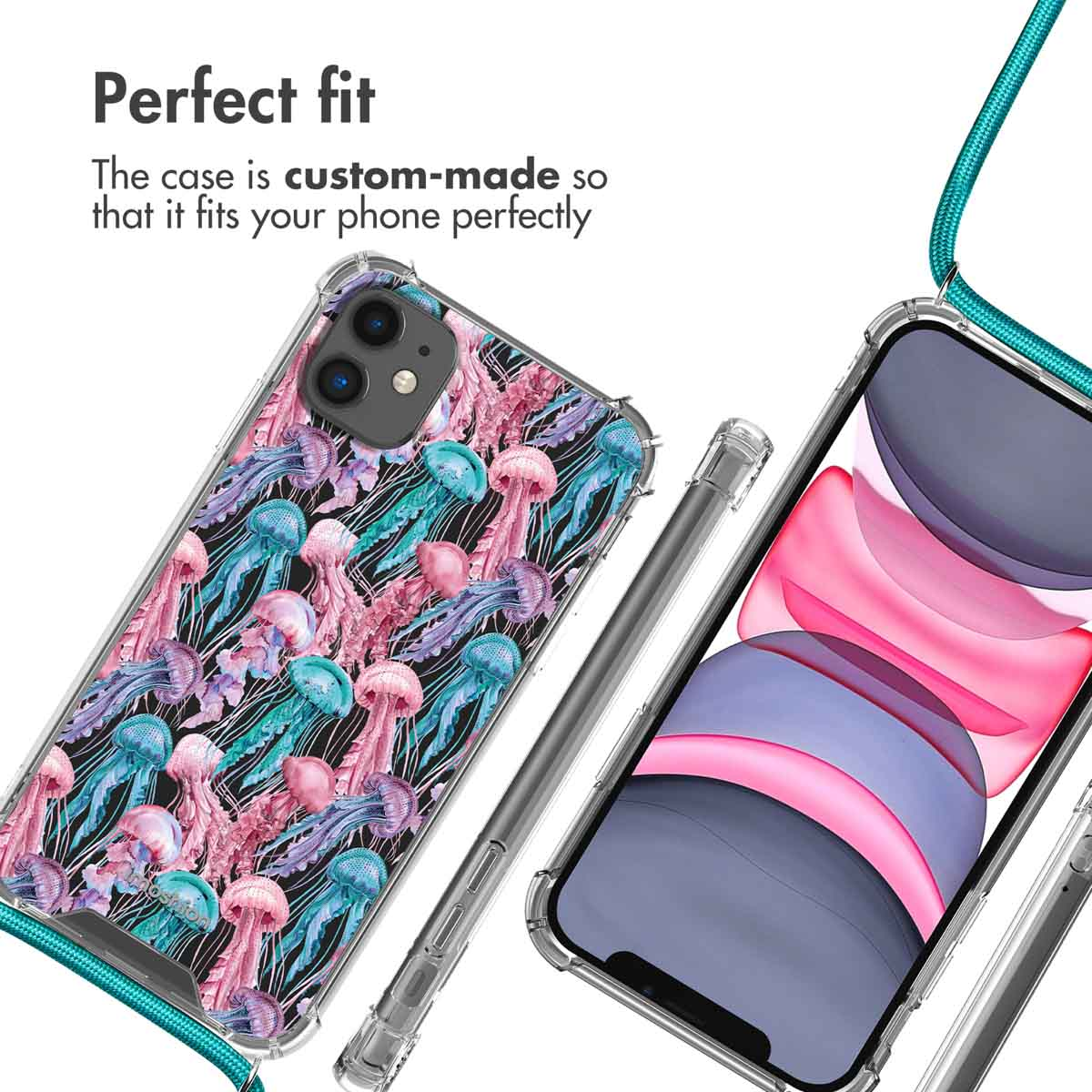 Coque de téléphone avec motif de méduses, texte Perfect fit.