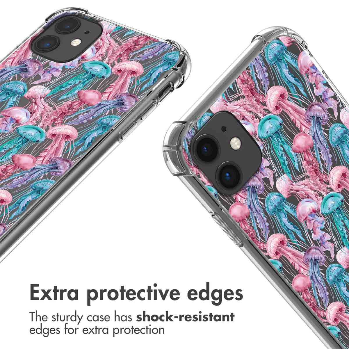 Coque de téléphone transparente avec méduses colorées et coins protecteurs.