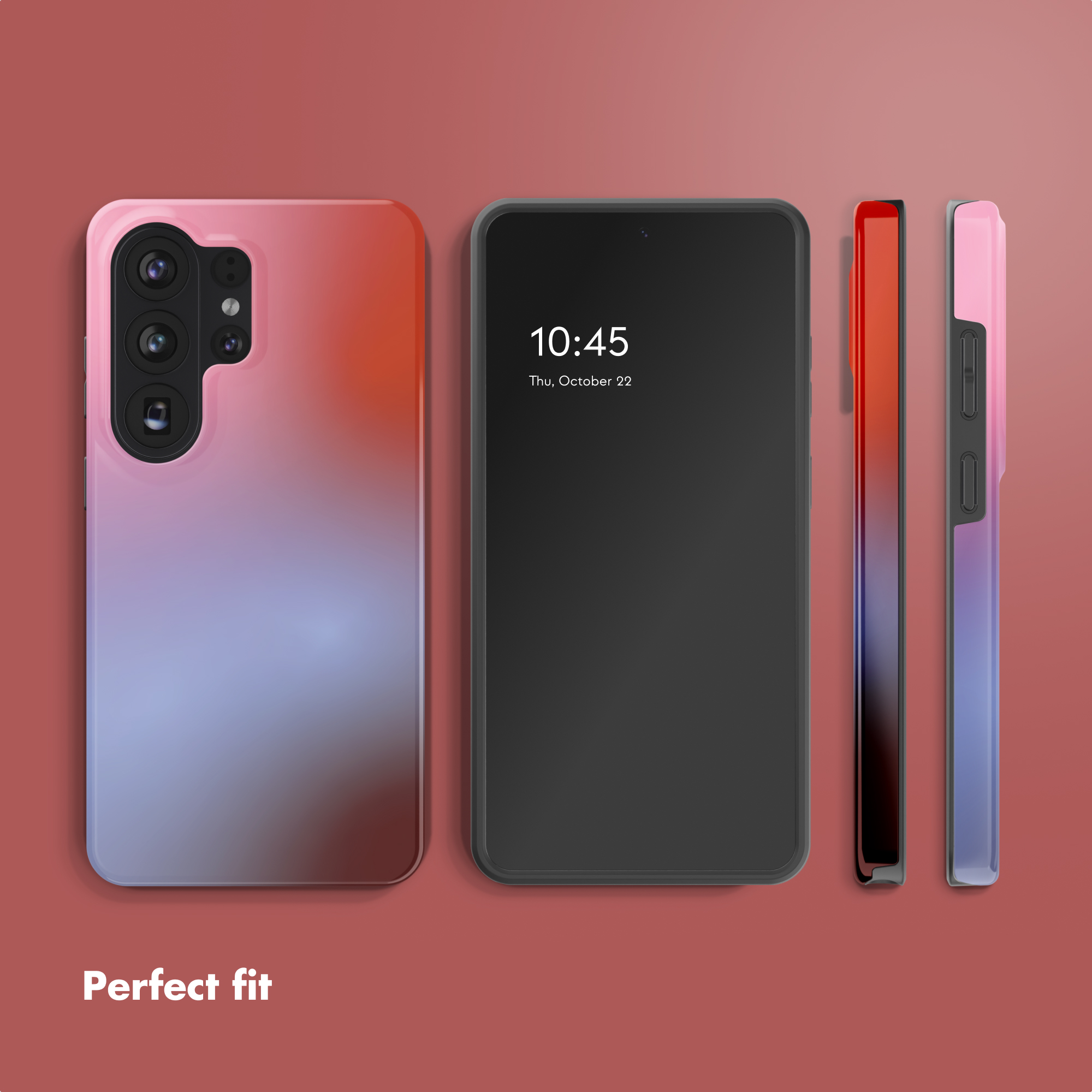 Cuatro vistas de un smartphone con funda degradada en rojo, morado y azul sobre fondo rojo.