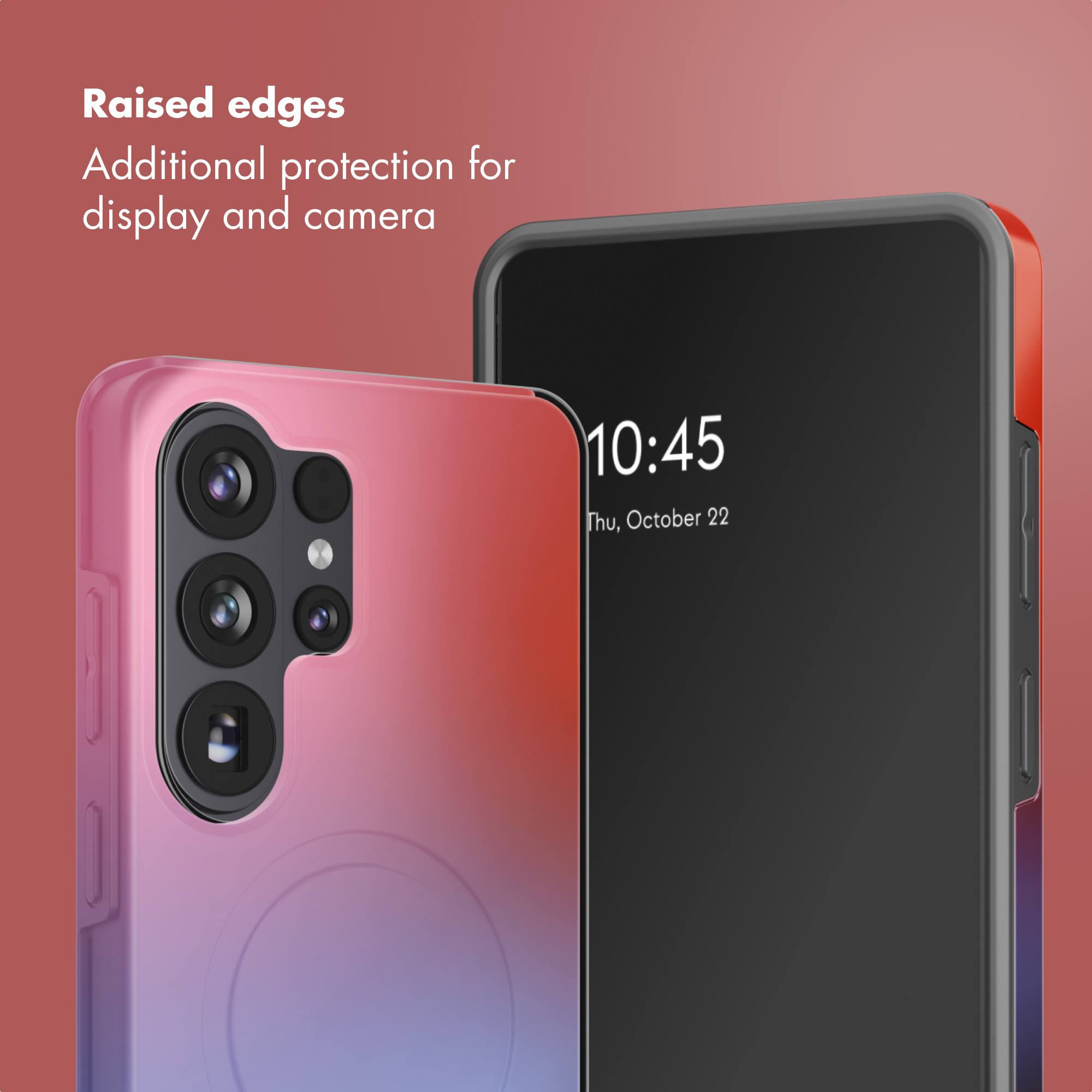Dos teléfonos en fundas protectoras muestran bordes elevados para la pantalla y la cámara sobre un fondo rojo.