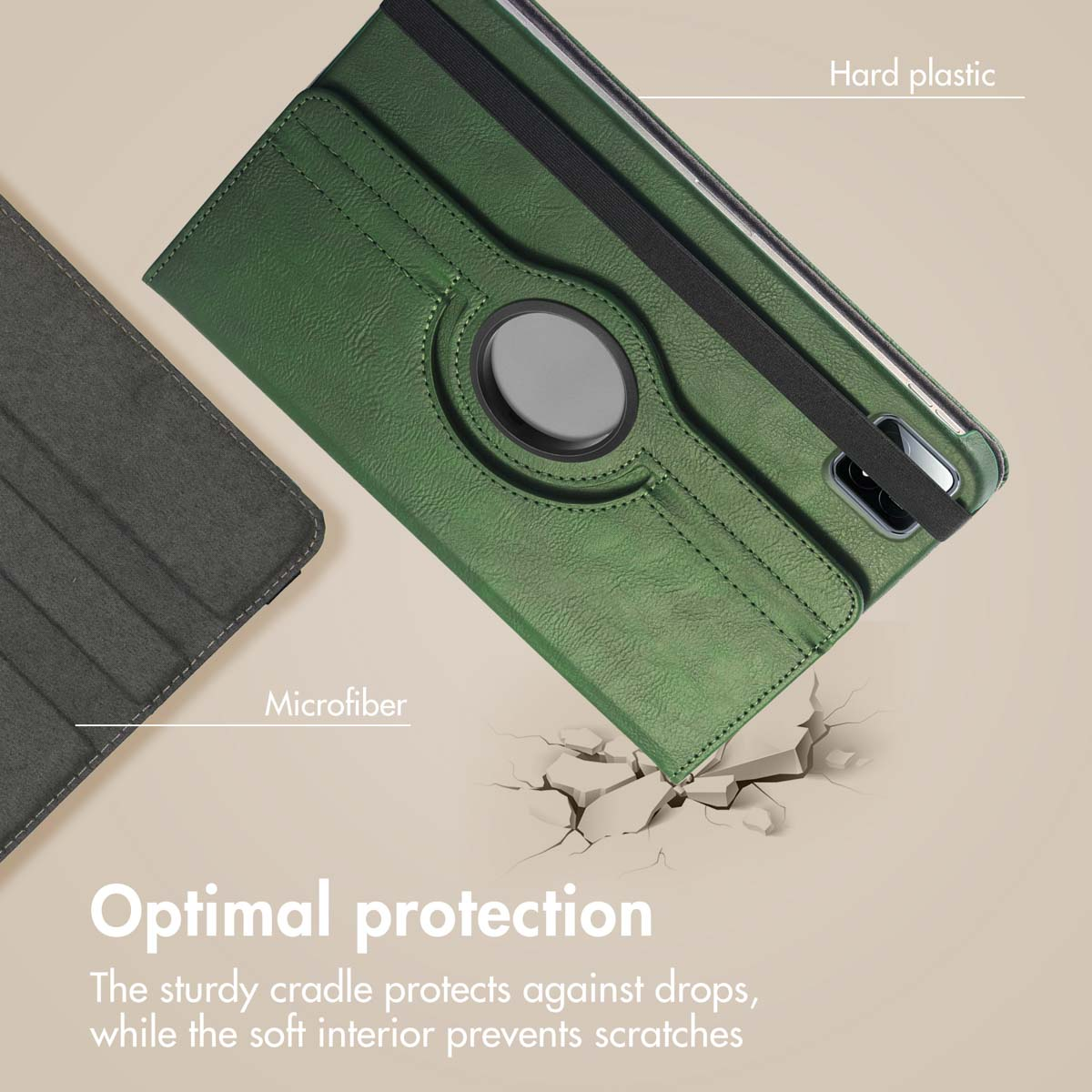 Groene tablethoes met harde plastic schaal en zachte microvezel binnenzijde voor optimale bescherming.