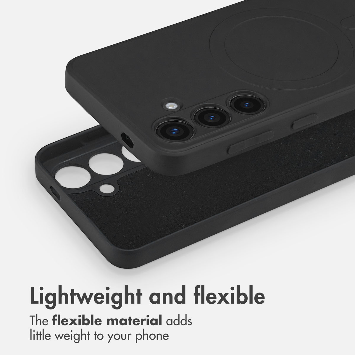 Schwarze, leichte und flexible Handyhülle mit integriertem Magneten und Kameralinsenöffnungen.