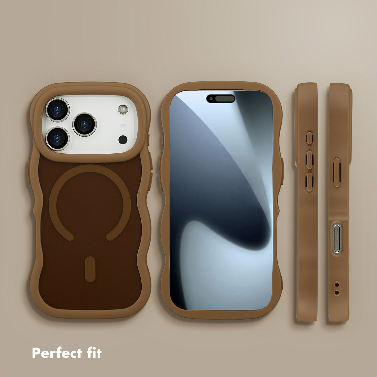 Funda de smartphone marrón mostrada desde varios ángulos sobre fondo beige con texto.