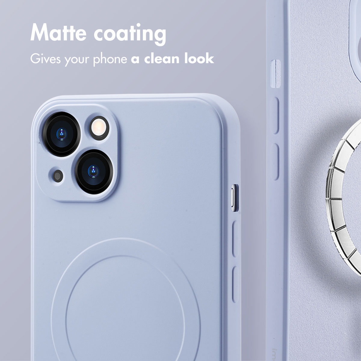 Une coque de smartphone bleue mate avec du texte en arrière-plan.