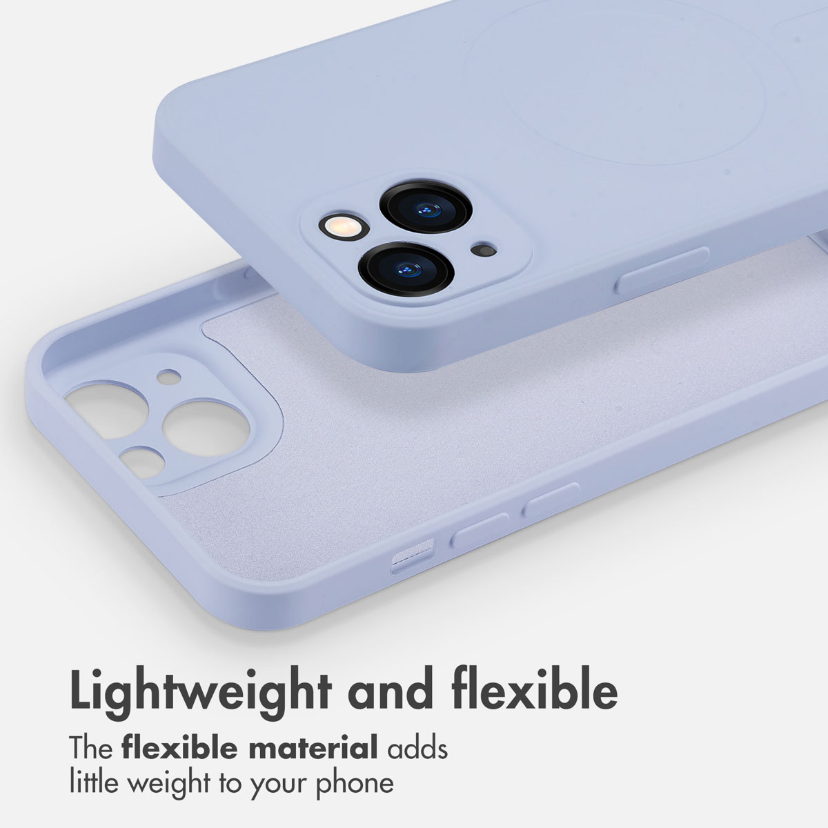 Une coque de téléphone en silicone bleu clair montre le dos avec des découpes.