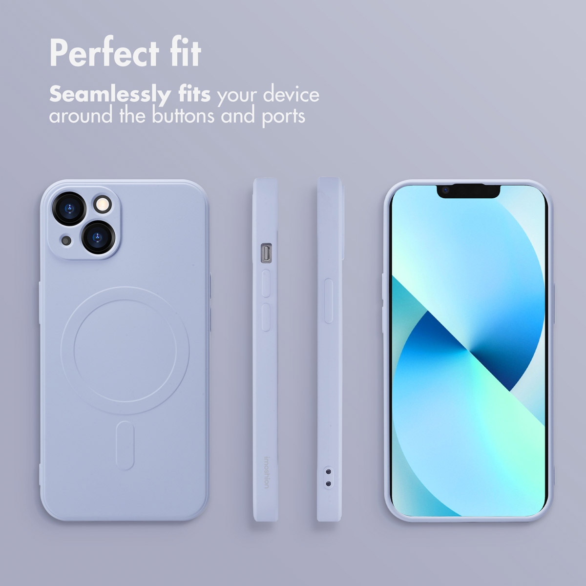 Vues multiples d'une coque de téléphone violet clair sur fond clair avec texte.