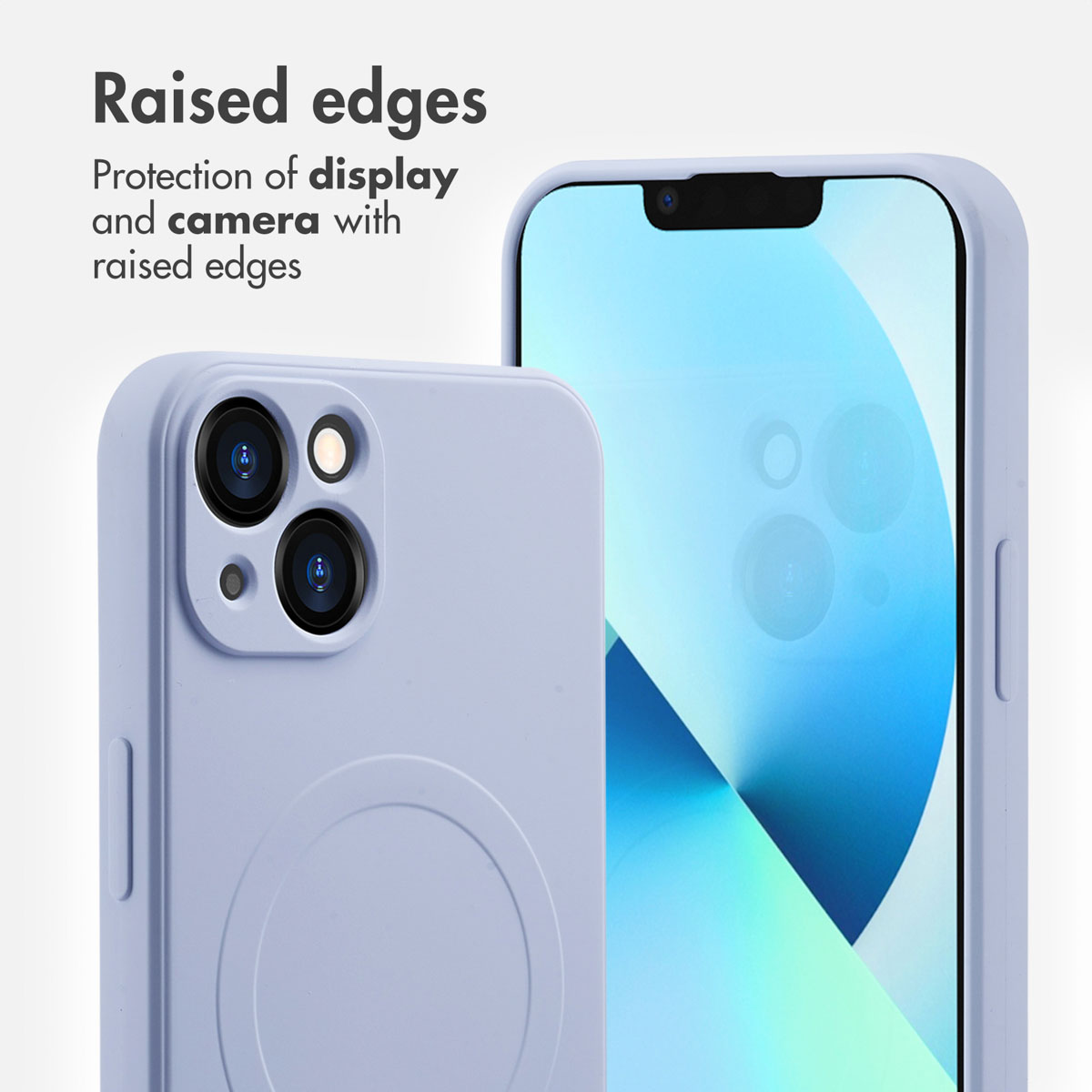 Un smartphone bleu clair avec coque montre des bords surélevés pour protéger l'écran et l'appareil photo.