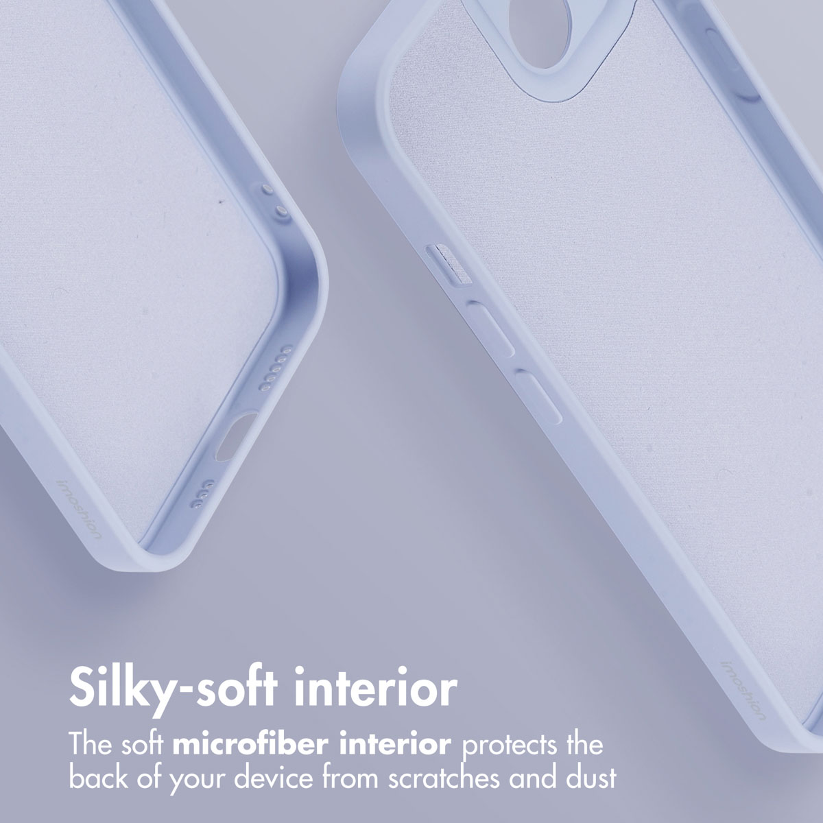 Deux coques de téléphone bleu clair avec intérieur en microfibre douce sur fond gris.