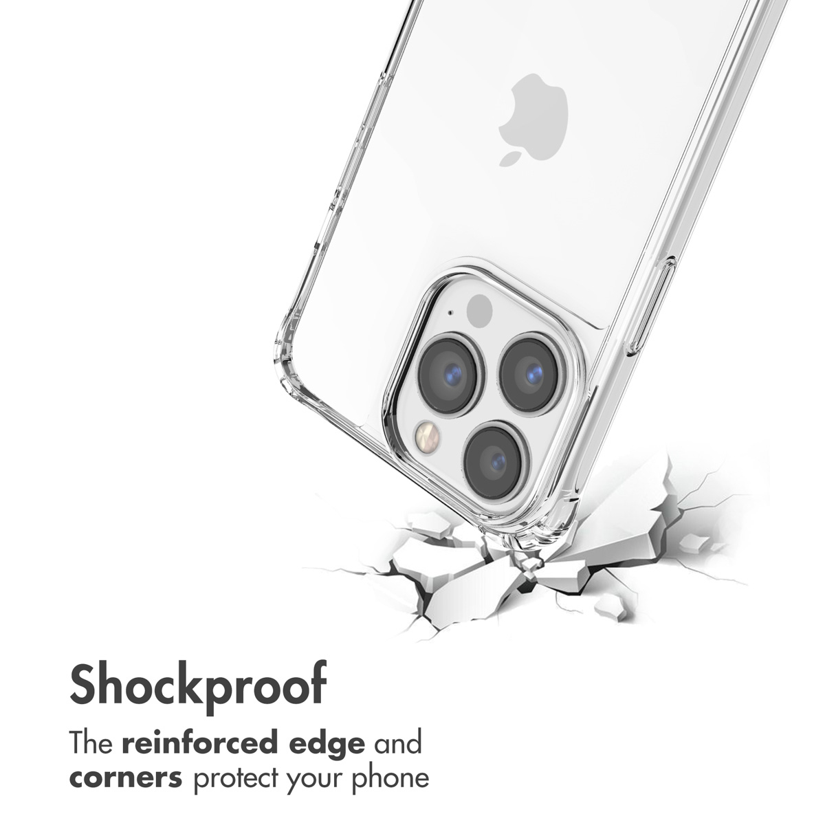 Una cover protettiva trasparente su un iPhone sopra una superficie rotta, che dimostra la resistenza agli urti.