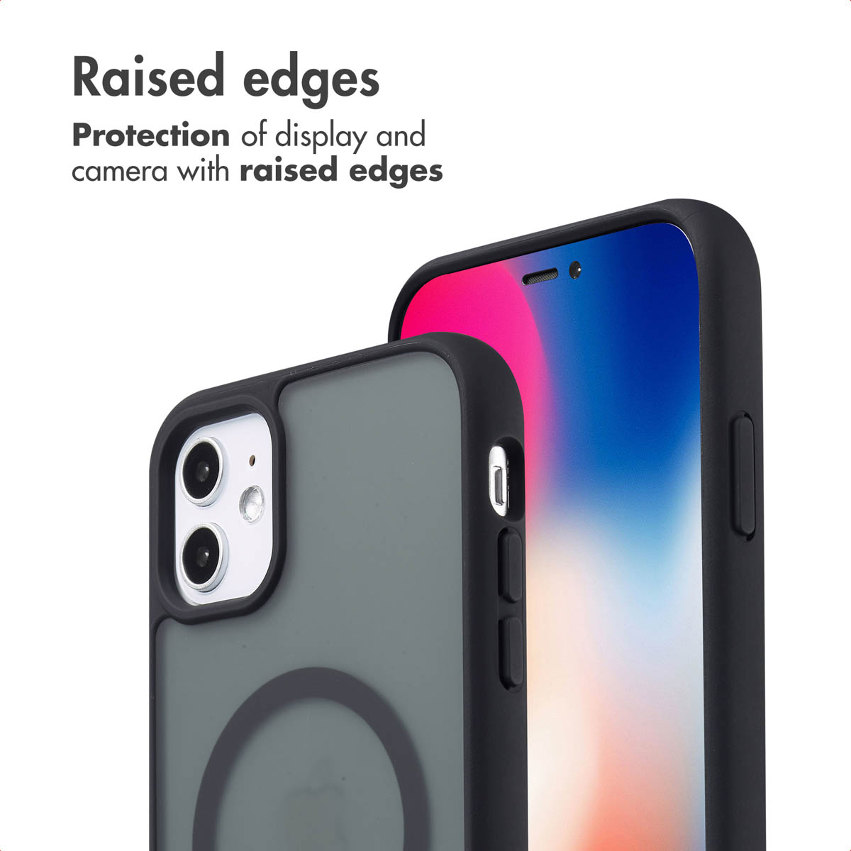 Zwei Smartphones in schwarzen Hüllen mit erhöhtem Rand zum Schutz von Display und Kamera.