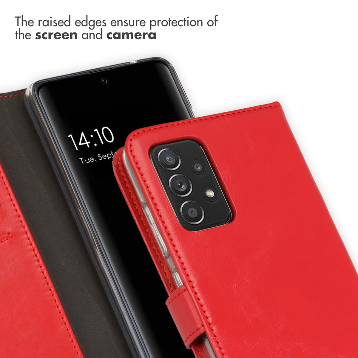 Custodia a libro in pelle rossa per smartphone con fotocamera e display visibili.