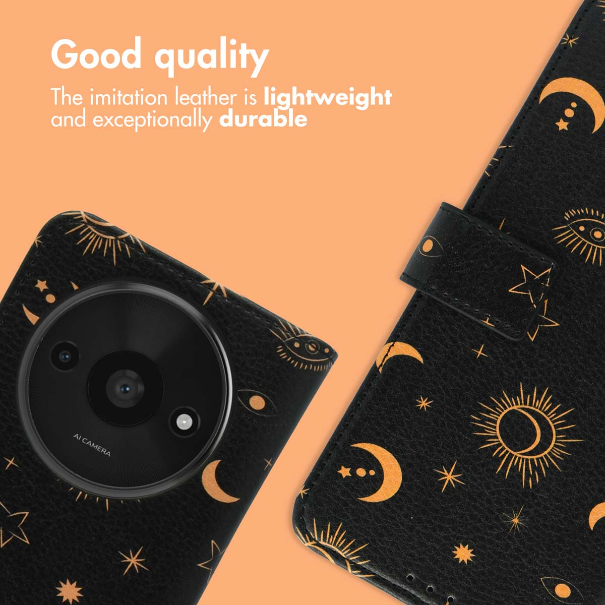 Una custodia per telefono nera con motivi celesti dorati di soli, lune e stelle su sfondo arancione.
