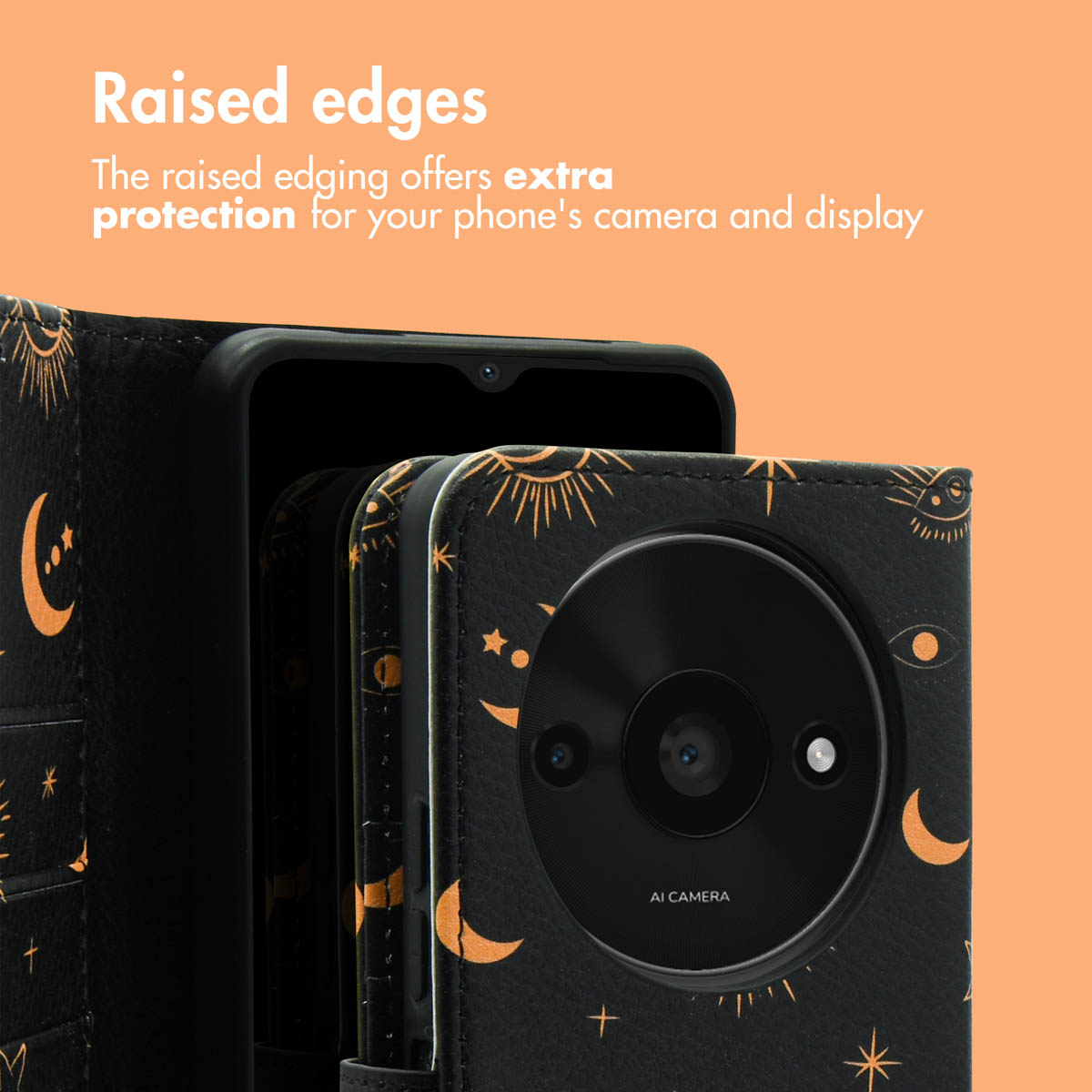 Custodia per telefono nera con motivi dorati di stelle e lune, con bordi rialzati per proteggere display e fotocamera.