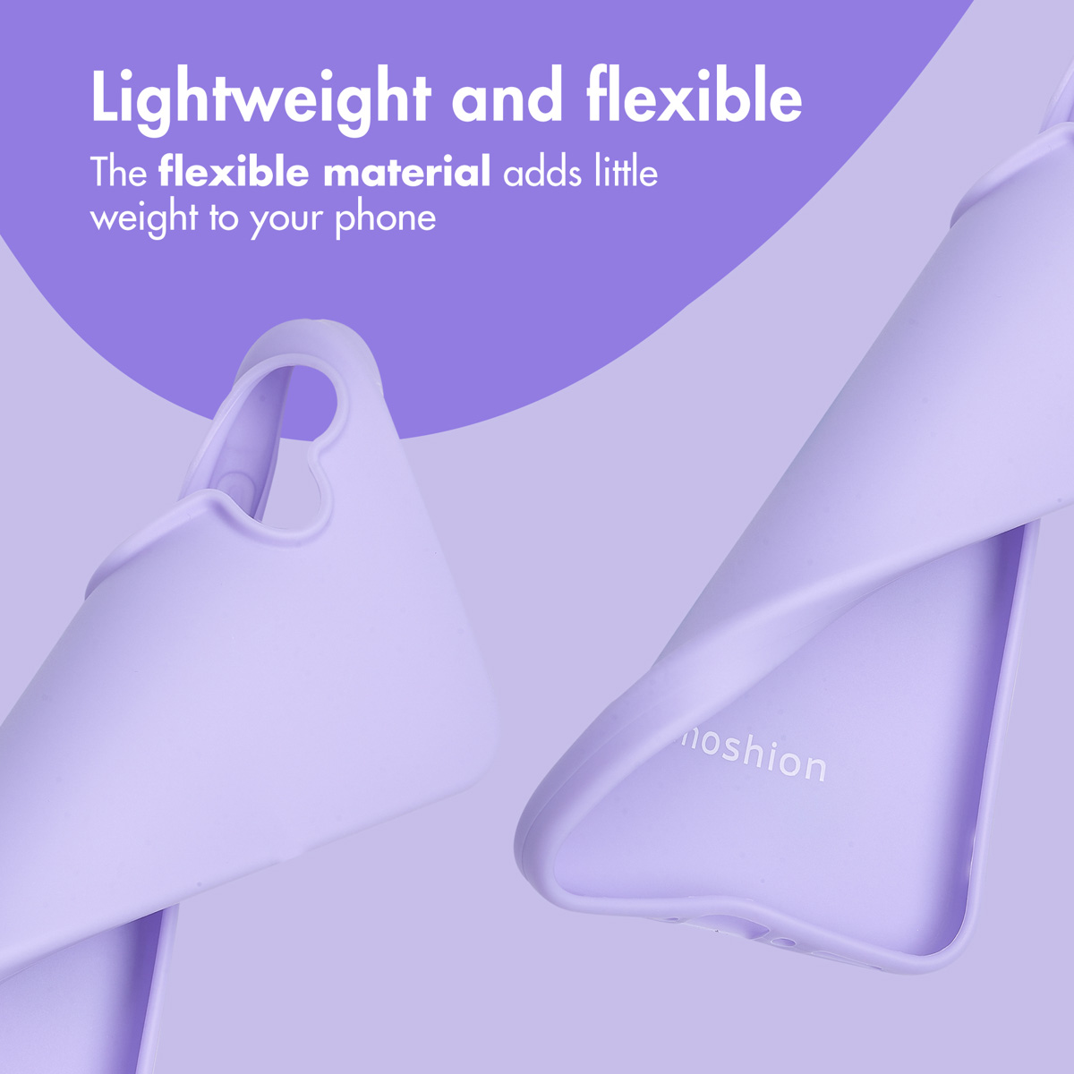 Zwei hellviolette Handyhüllen auf violettem Hintergrund; Text betont die Flexibilität des Materials.