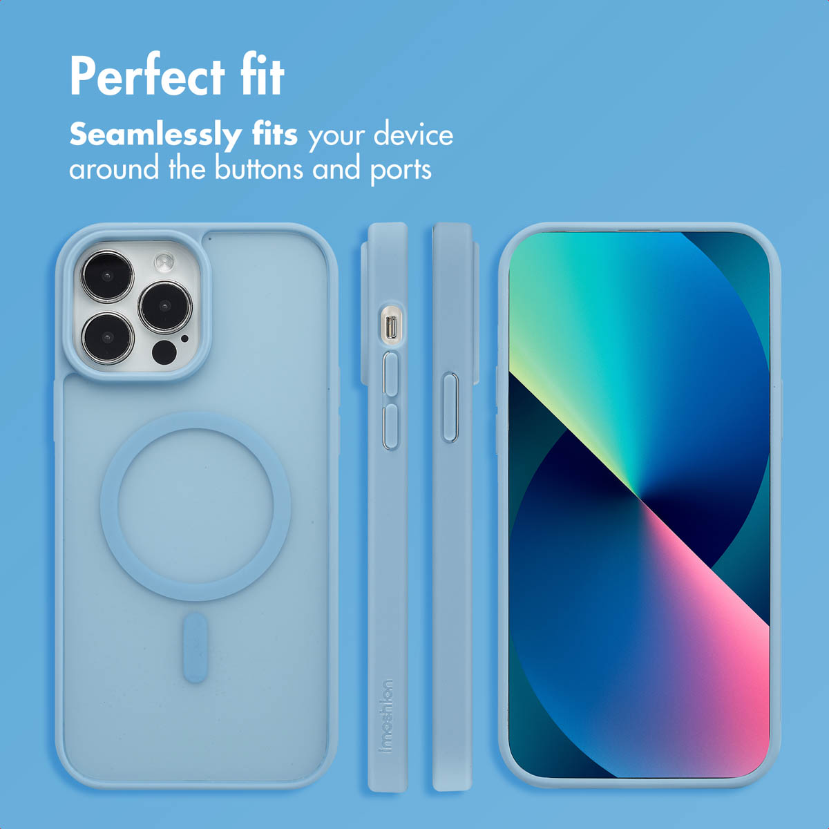 Coque de téléphone en silicone bleu clair sous plusieurs angles avec le texte 'Ajustement parfait'.