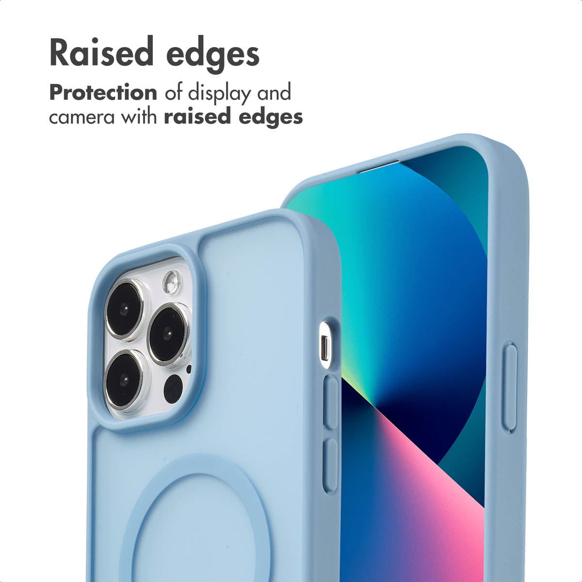 Deux coques de téléphone bleu clair montrant des bords surélevés pour protéger l'écran et l'appareil photo.
