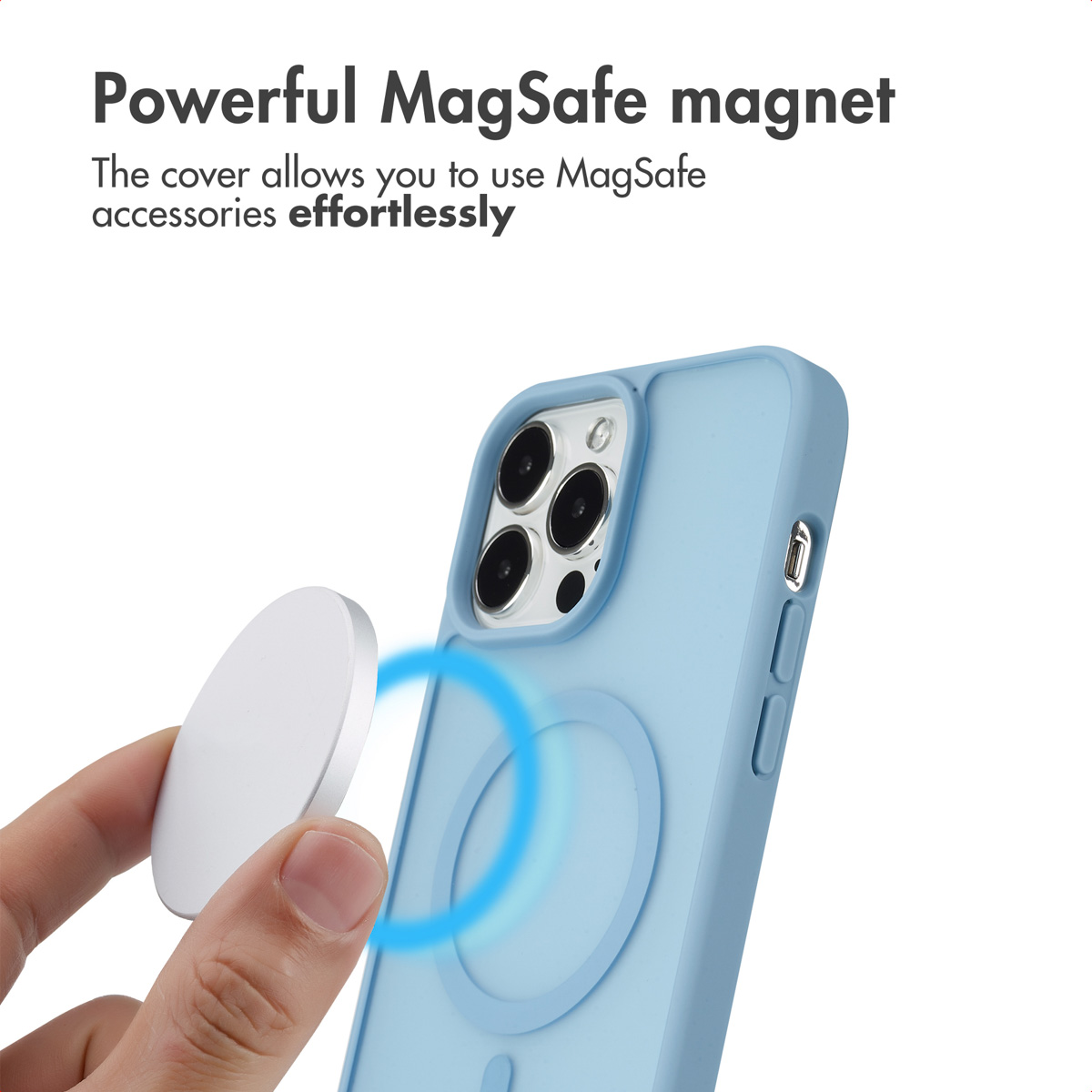 Coque de téléphone bleue avec aimant MagSafe et texte.