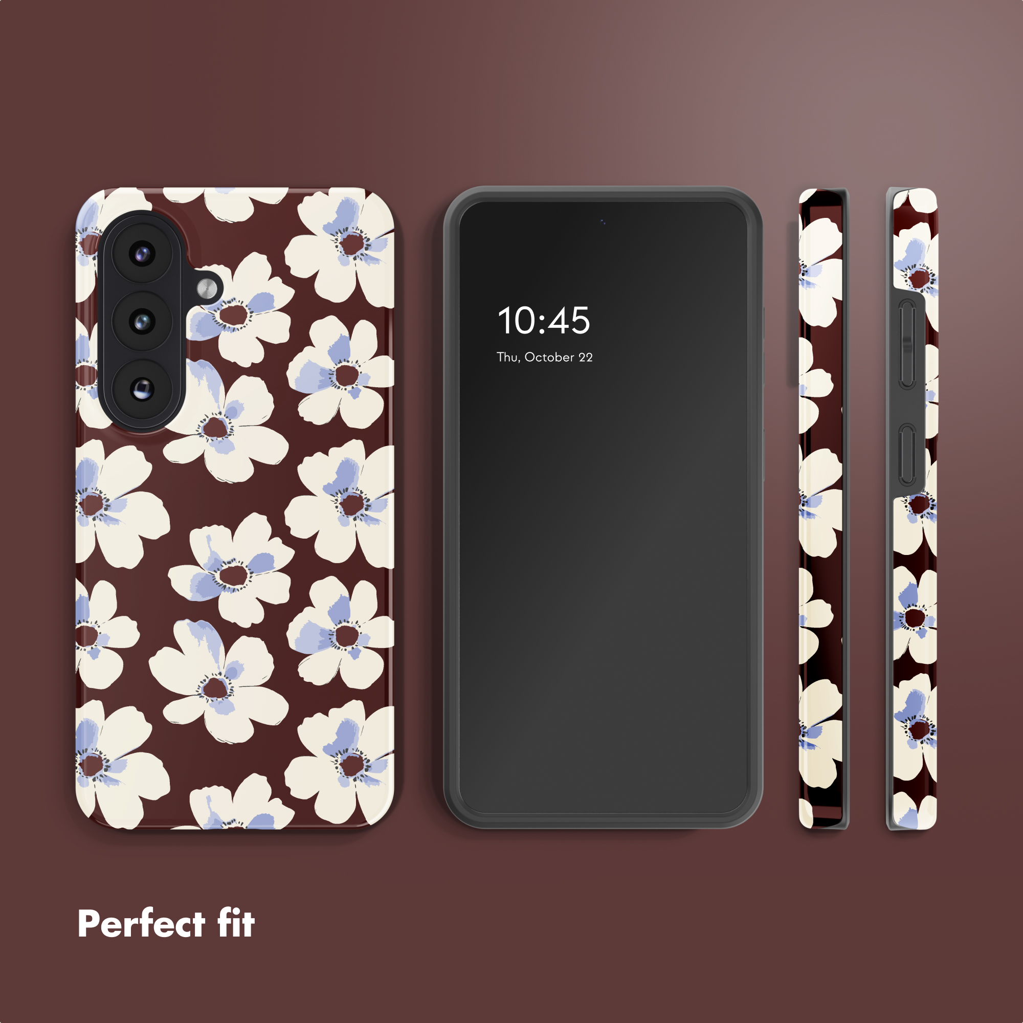 Uno smartphone con viste frontale, posteriore e laterale con cover marrone a fiori bianchi e blu.