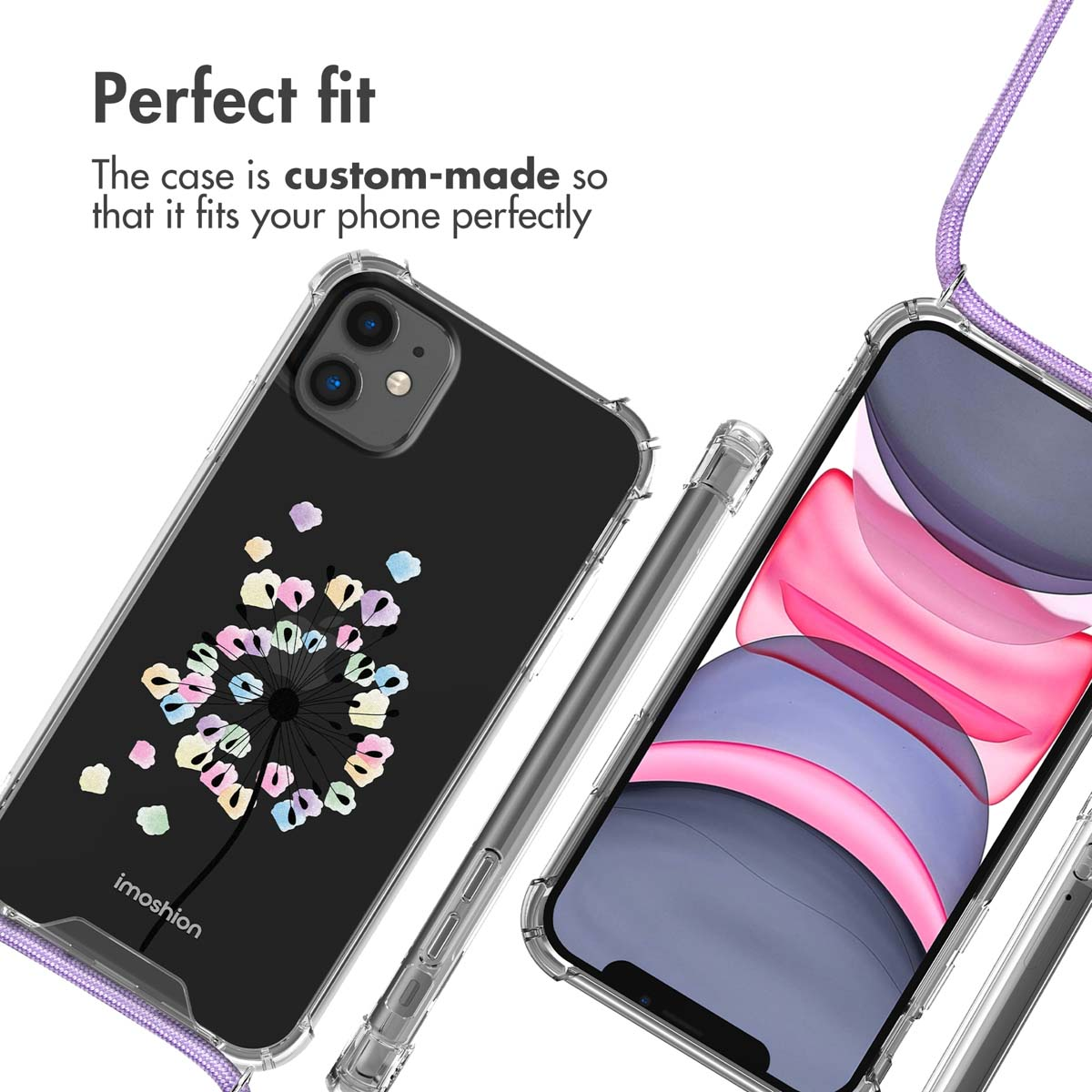 Coque de téléphone transparente avec motif floral, lanière et texte Perfect fit.