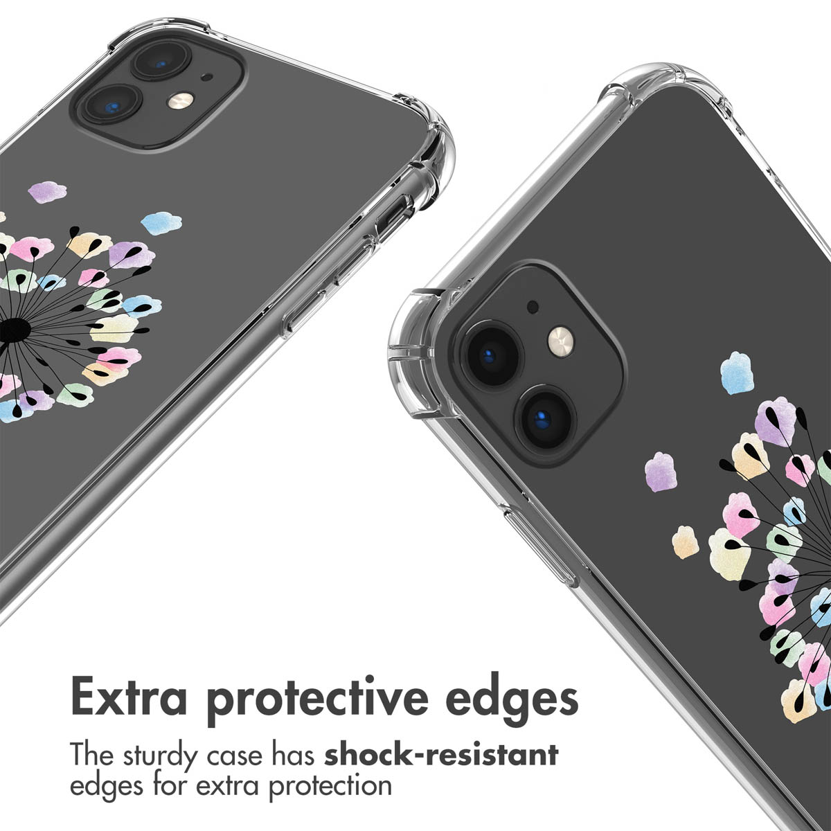 Coque de téléphone transparente avec motif pissenlit pastel et coins renforcés.