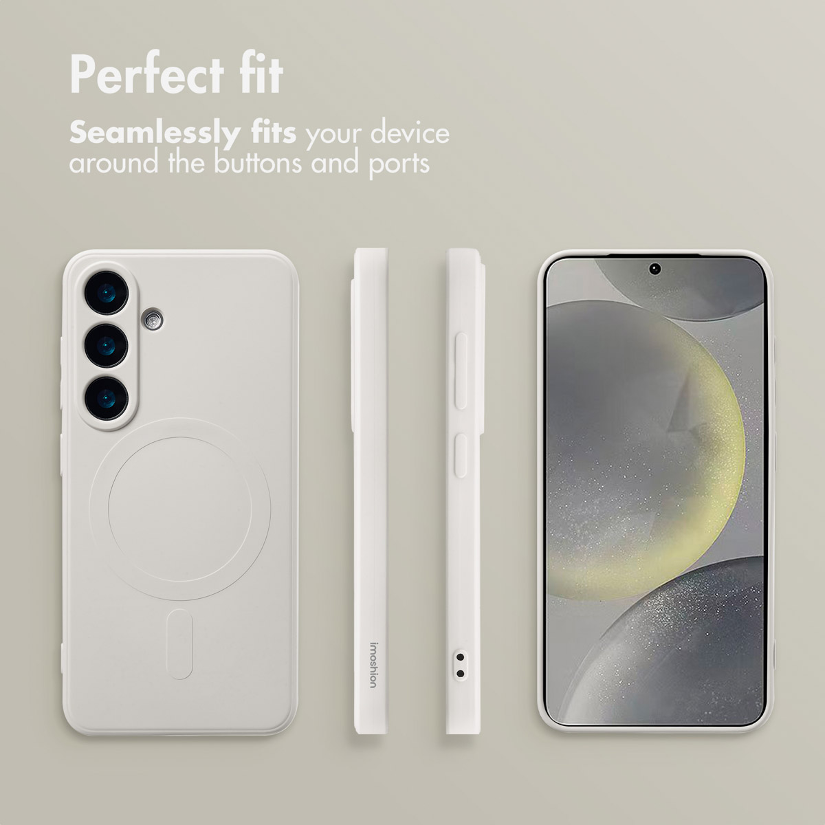 Weisse Smartphone-Huelle von hinten, der Seite und vorn auf grauem Hintergrund mit Text ueber perfekte Passform.