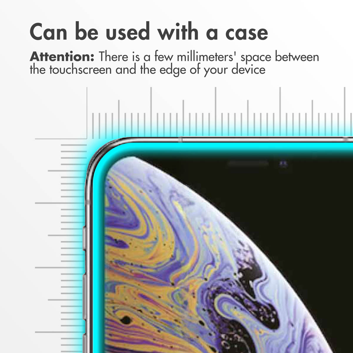 Smartphonehoek met schermprotector en maten voor hoesje.