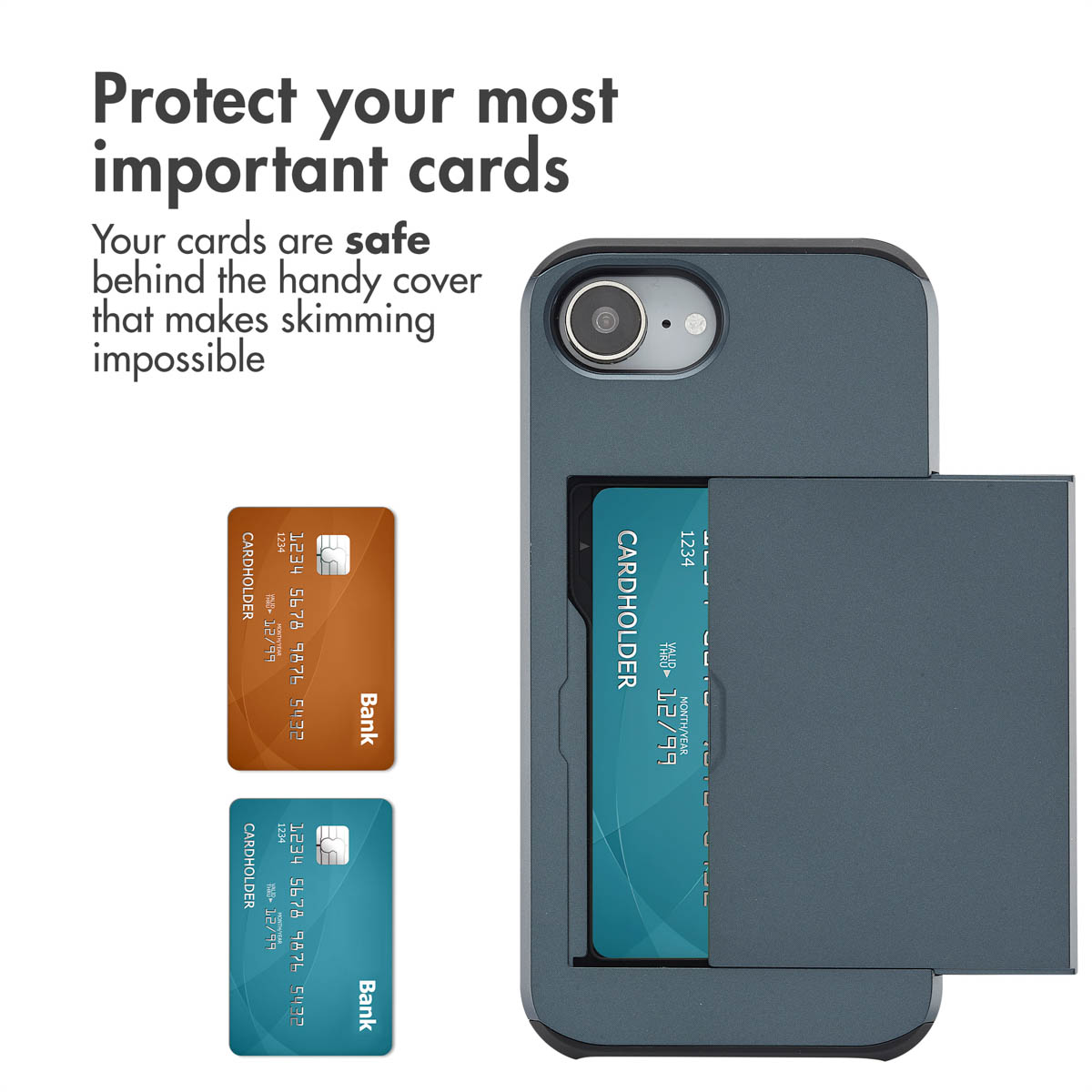 Uno smartphone in una custodia protettiva con porta carte mostra le carte inserite, con due carte bancarie a sinistra.