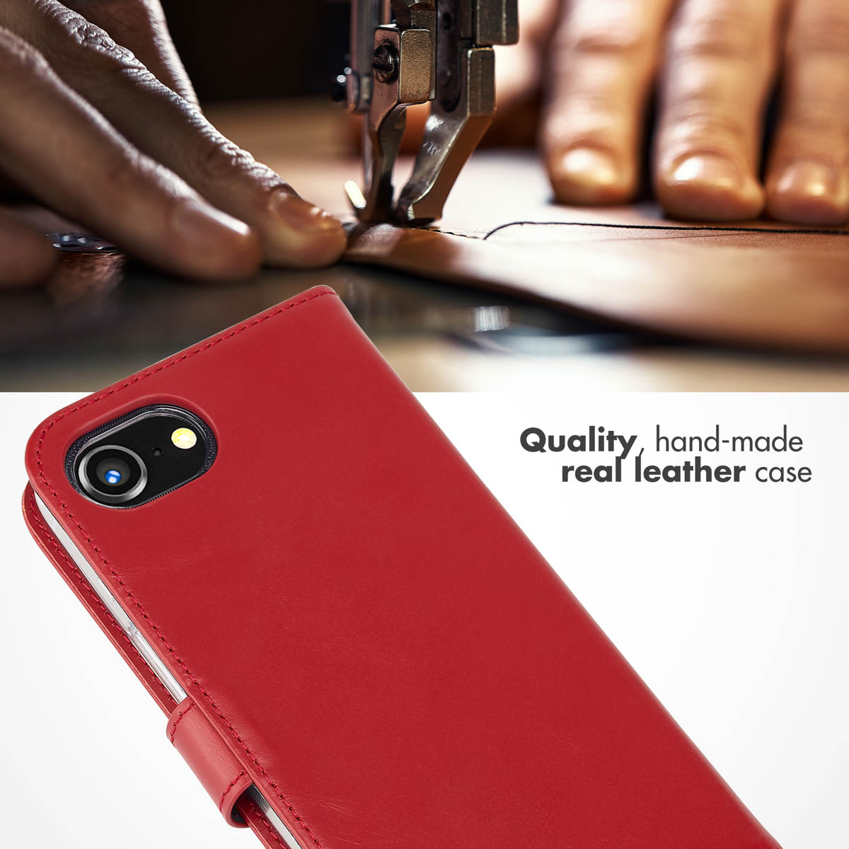 Un étui de téléphone en cuir rouge au premier plan et une main cousant du cuir à l'arrière-plan.