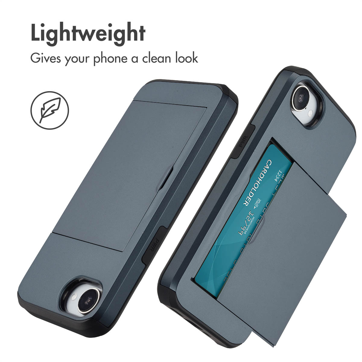 Due cover per telefono grigio scuro, una con porta carte e carta, con testo sopra.