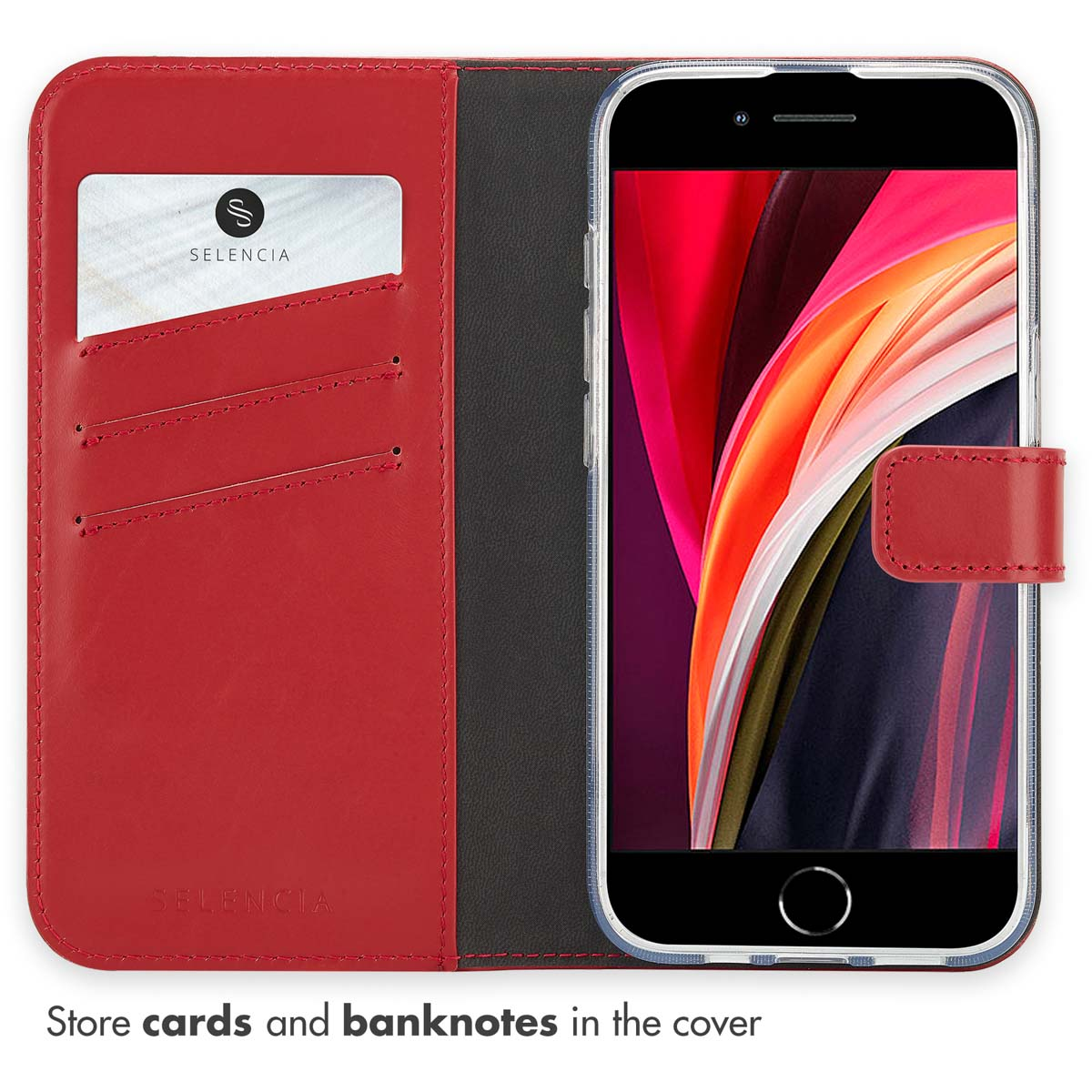Un étui de smartphone en cuir rouge avec fentes pour cartes et un téléphone.