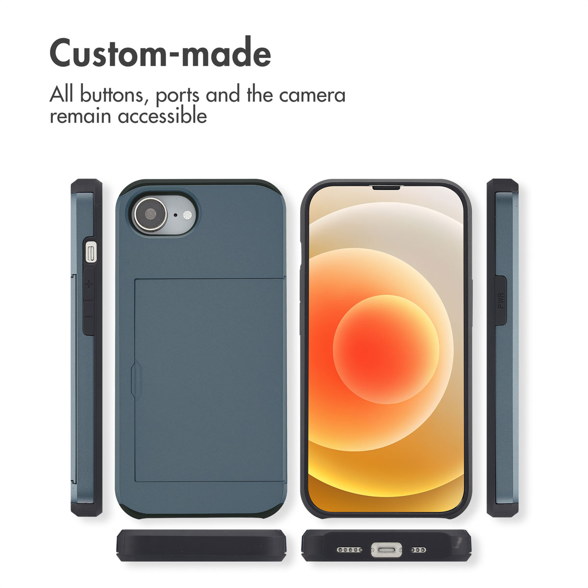 Custodia per smartphone blu con porta carte mostrata da più angolazioni.