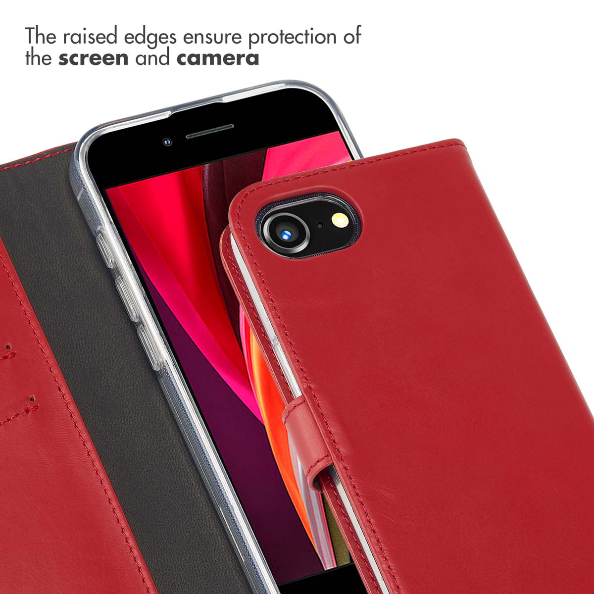 Un étui portefeuille en cuir rouge pour smartphone montre des bords surélevés protégeant l'écran et la caméra.